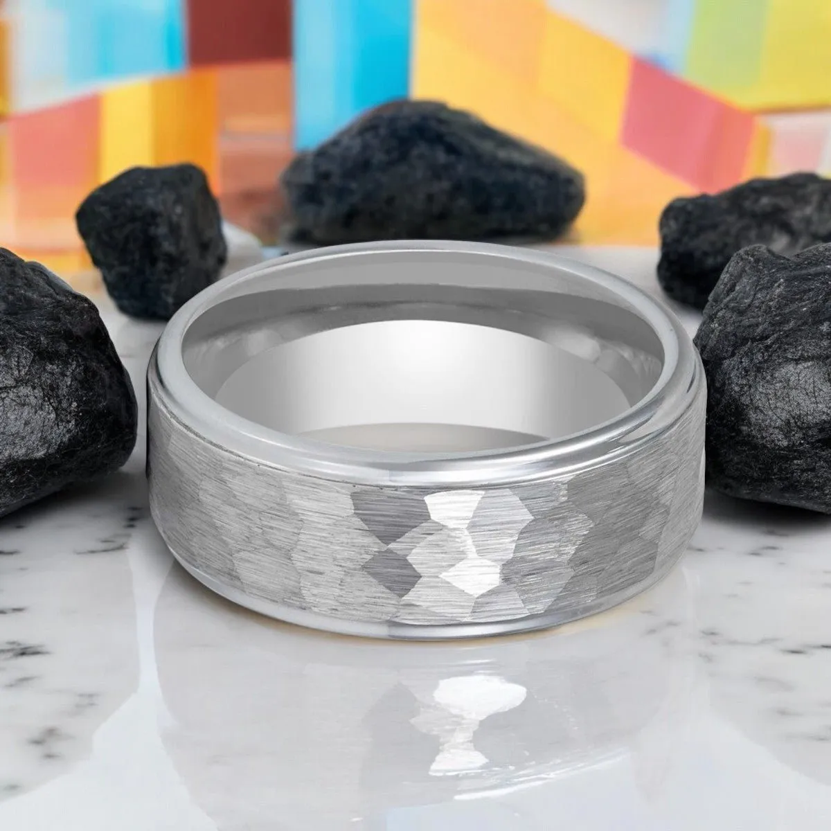 CLAN | Silver Tungsten Ring, Hammered, Stepped Edge