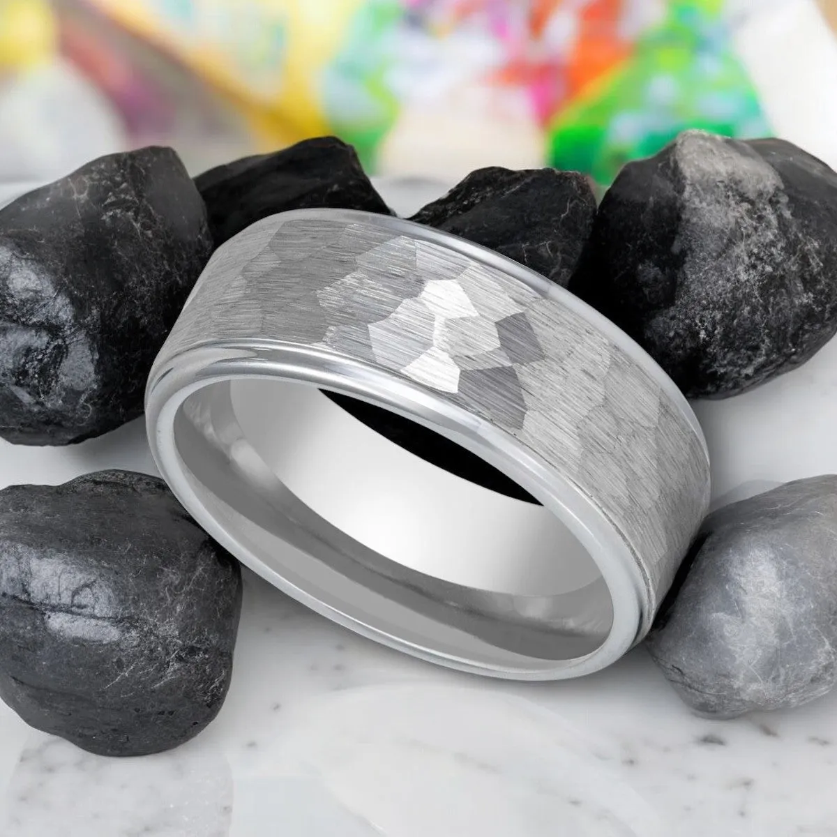 CLAN | Silver Tungsten Ring, Hammered, Stepped Edge