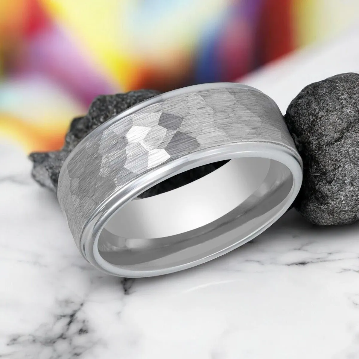 CLAN | Silver Tungsten Ring, Hammered, Stepped Edge