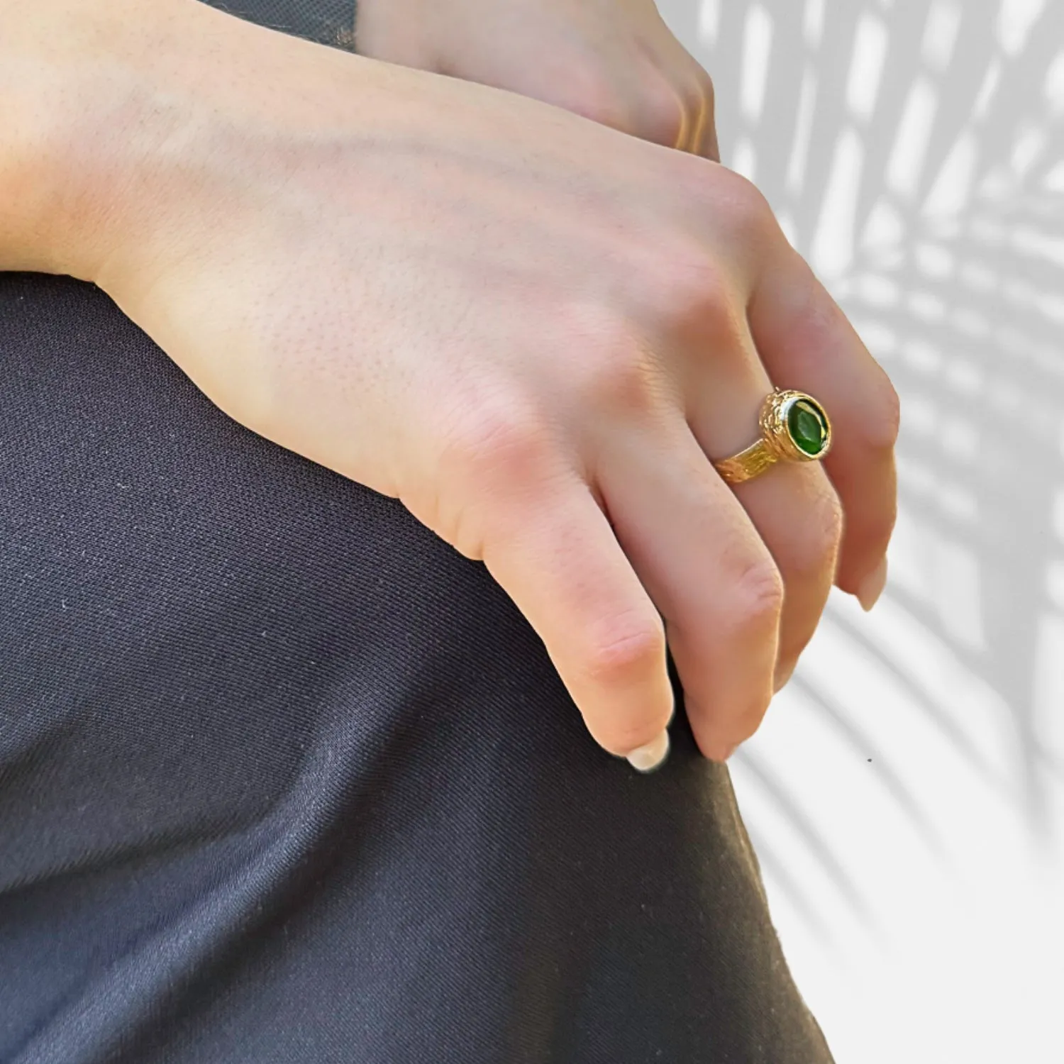 Cleopatra Gold & Green Jade Stone Adjustable Ring