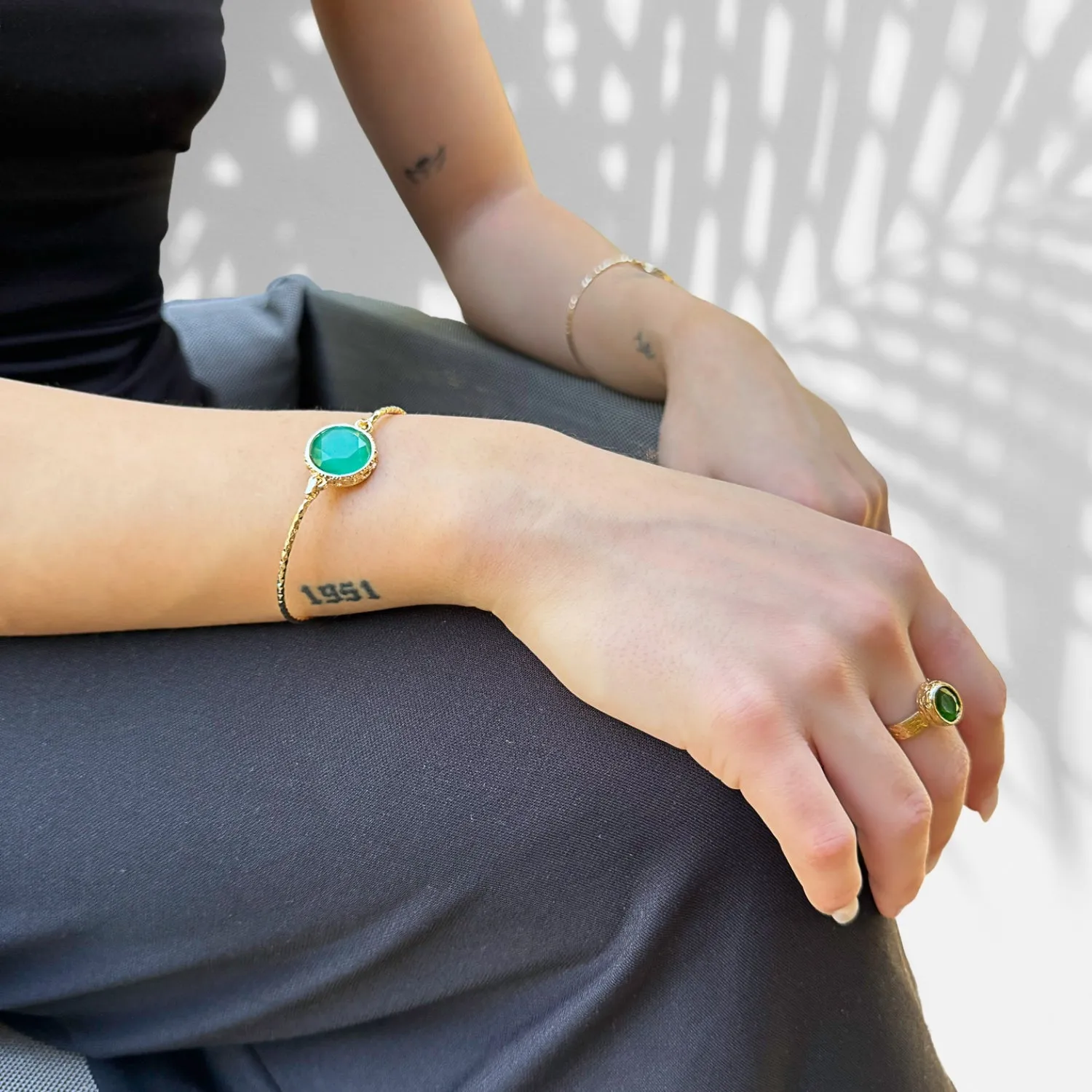 Cleopatra Gold & Green Jade Stone Adjustable Ring