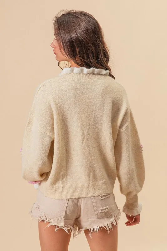 Crochet Flower Dropped Shoulder Sweater
