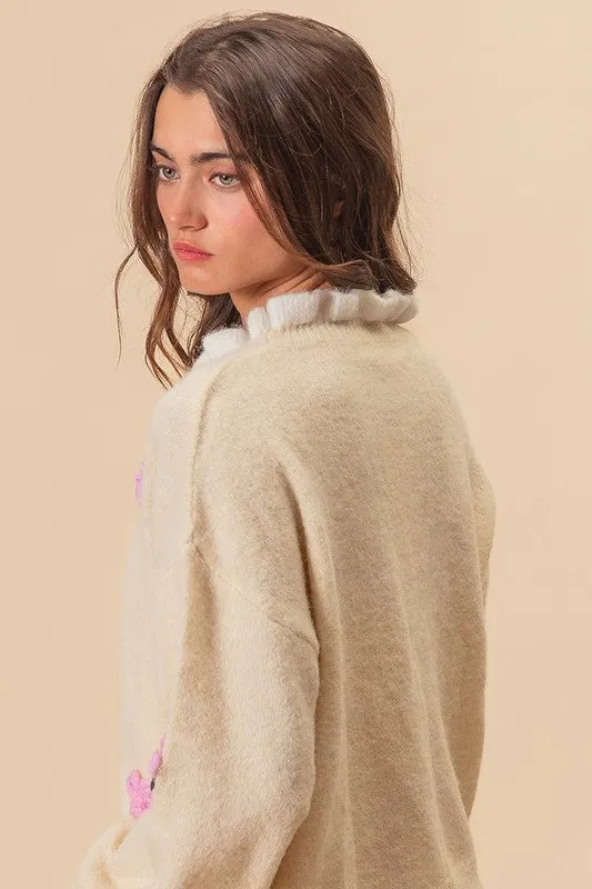 Crochet Flower Dropped Shoulder Sweater