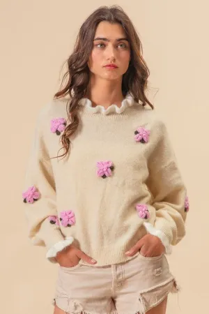 Crochet Flower Dropped Shoulder Sweater
