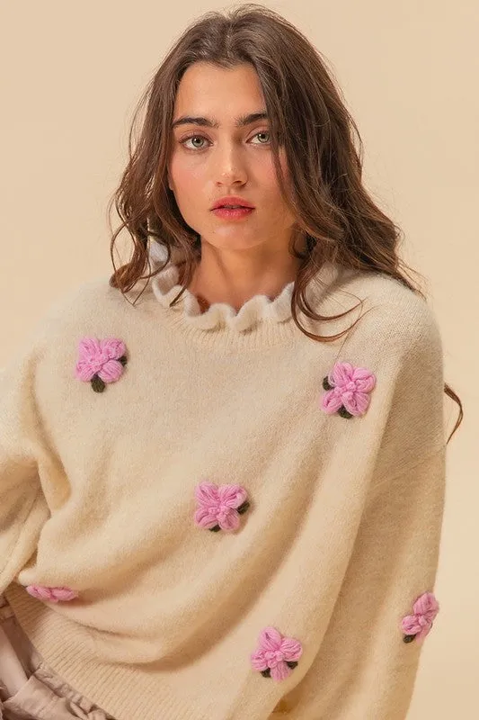 Crochet Flower Dropped Shoulder Sweater
