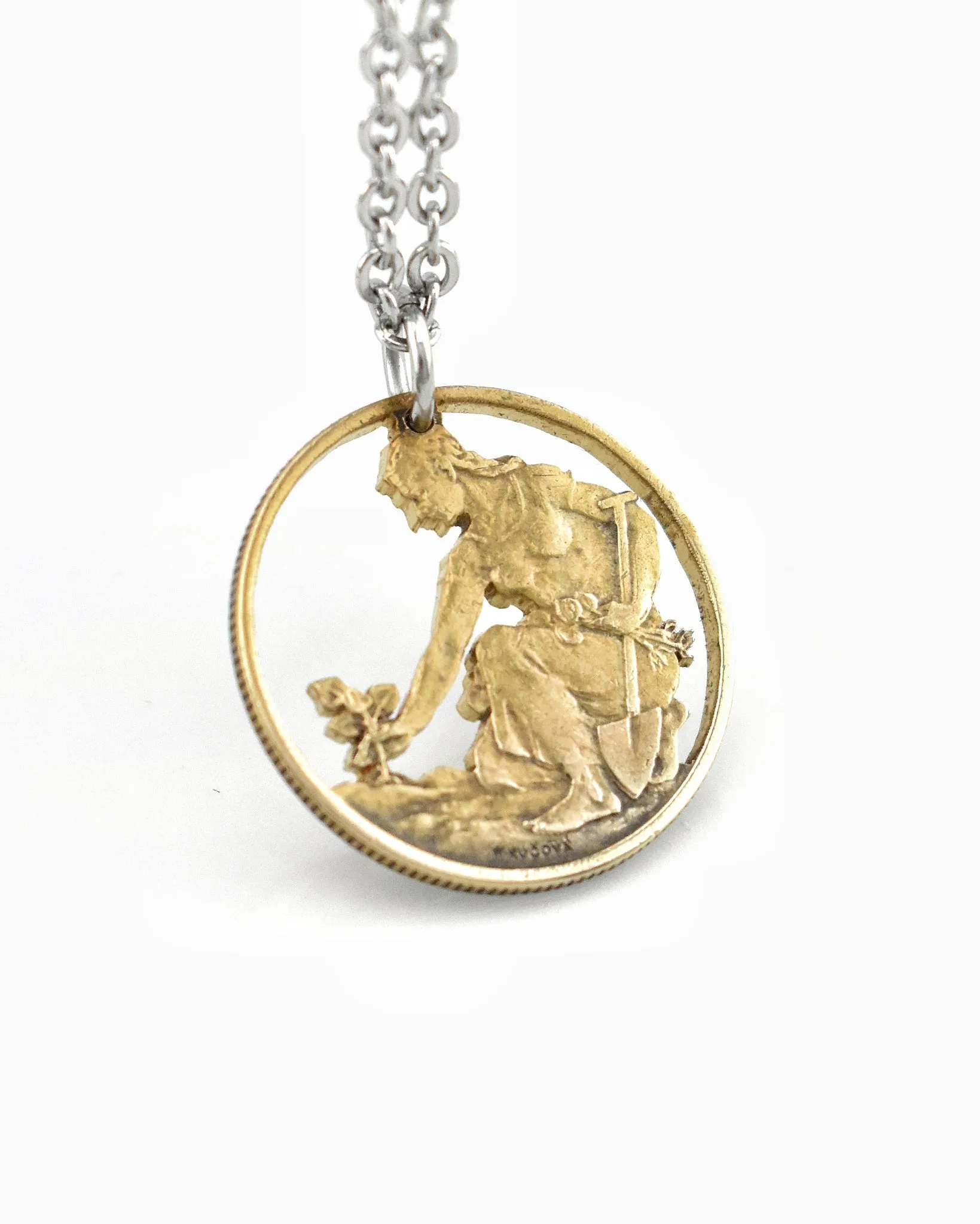 Czechoslovakia - Woman Planting Linden Tree Cut Coin Pendant