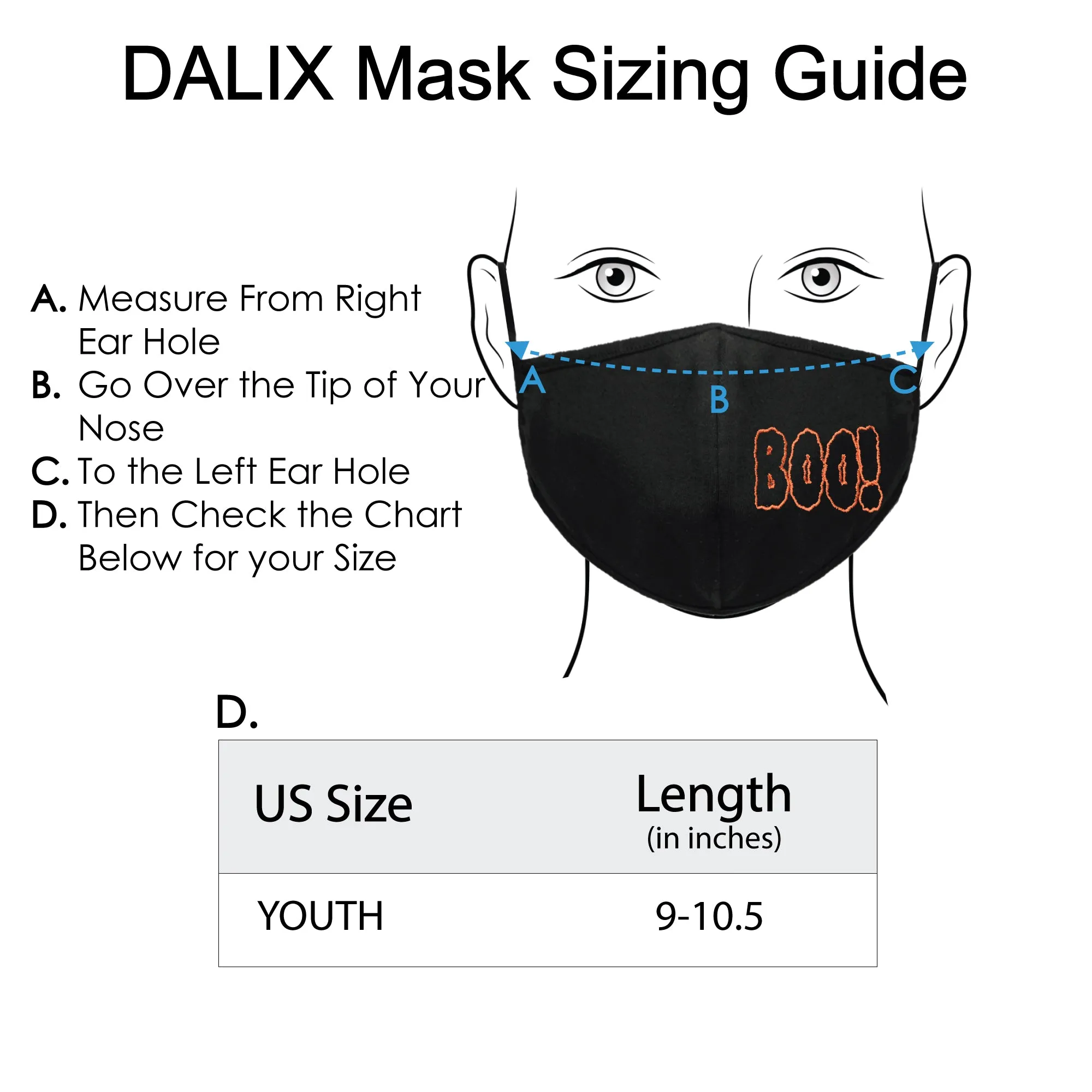 Dalix Youth Embroidered Boo Face Mask Reusable Washable in Black Made in USA - XXS-XS Size
