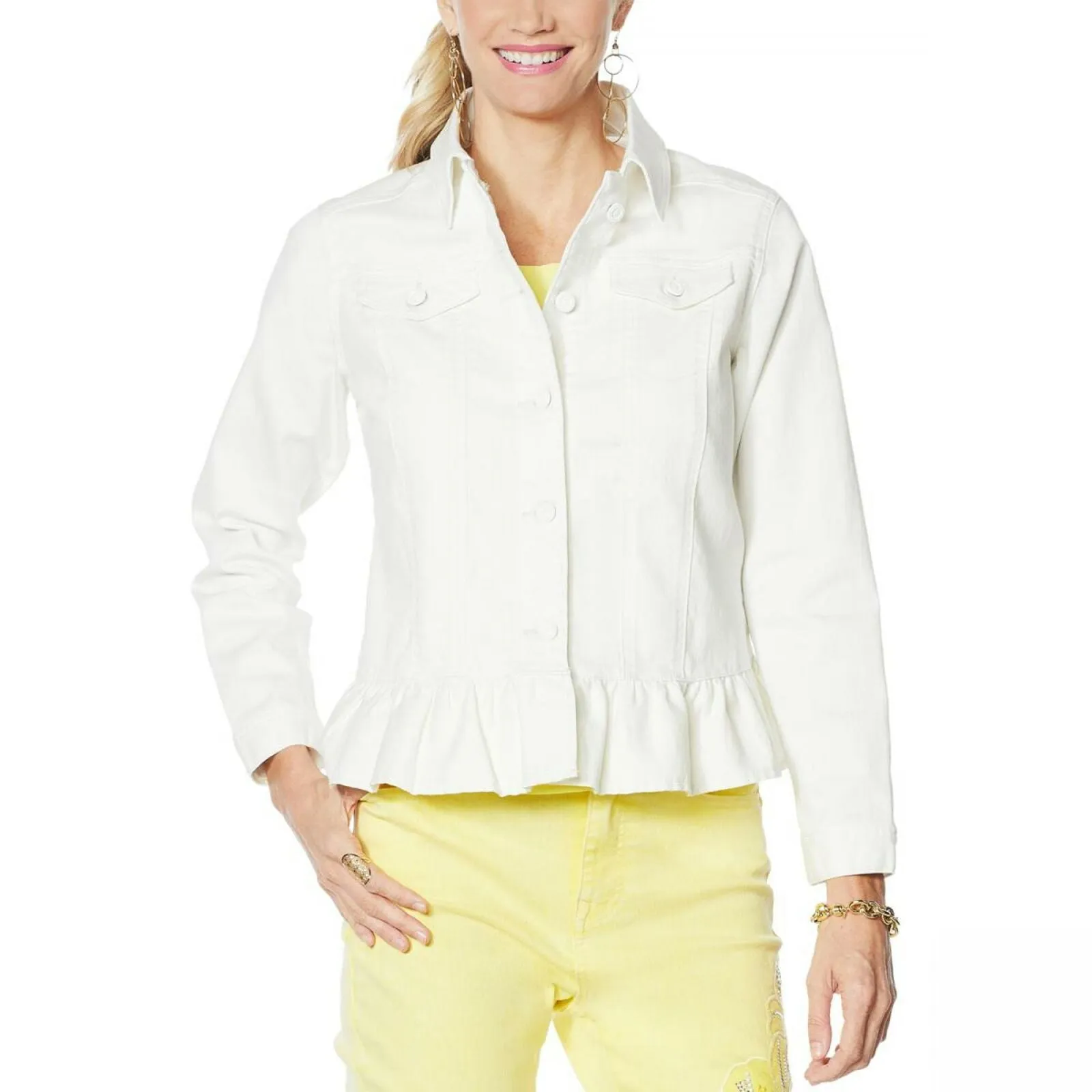 DG2 by Diane Gilman Women's Ruffle Hem Stretch Denim Jean Jacket White Medium