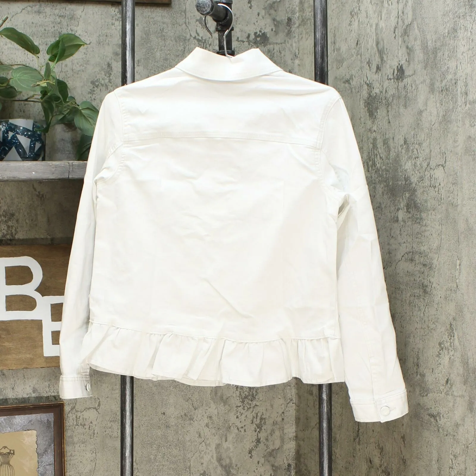 DG2 by Diane Gilman Women's Ruffle Hem Stretch Denim Jean Jacket White Medium