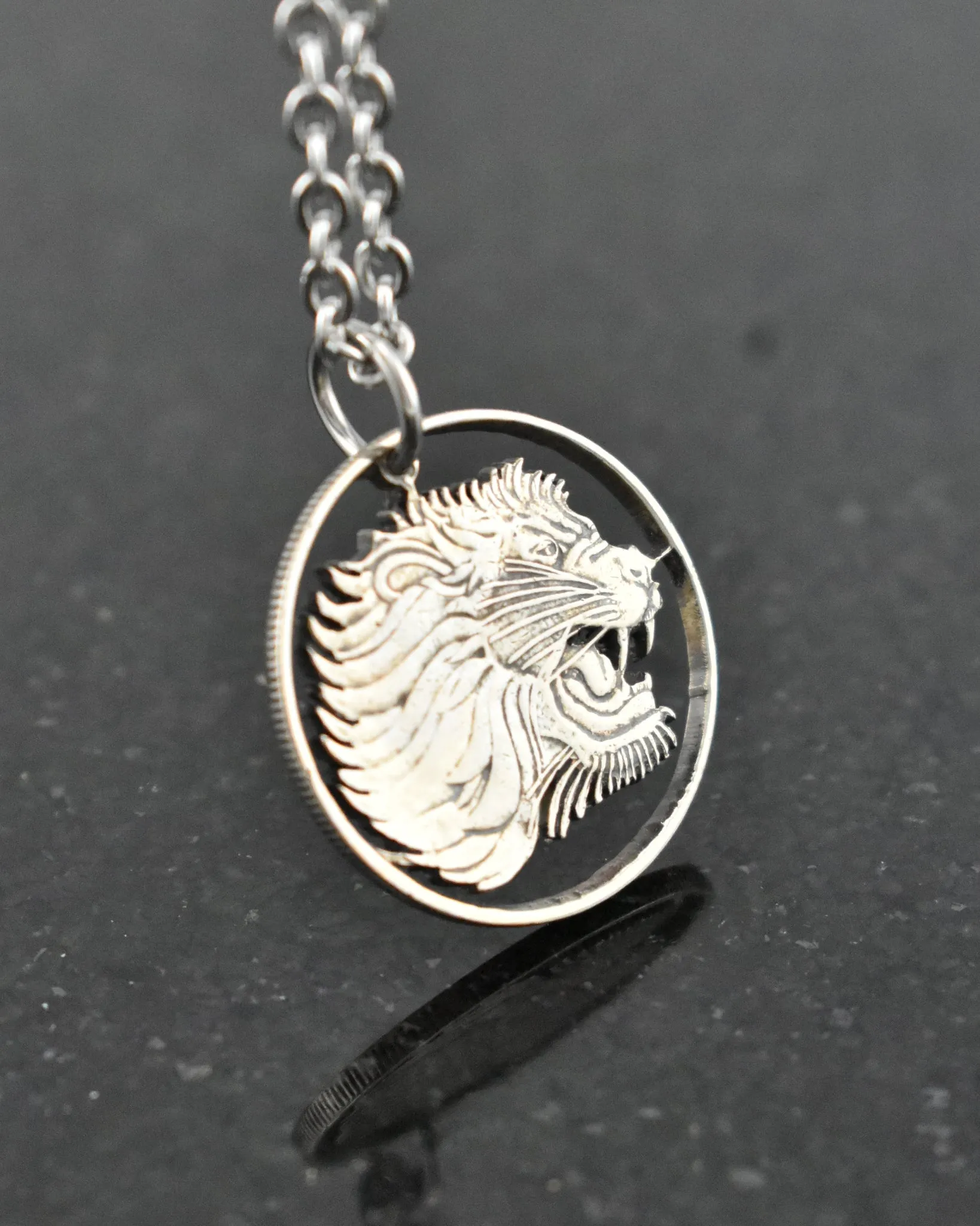 Ethiopia - Roaring Lion Cut Coin Pendant