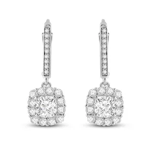 Everyday Elegance 14K Solid White Gold Leverback Earrings Cushion "Halo" Cubic Zirconia Drop Dangle Basket Setting 3.0 CTW With Gift Box