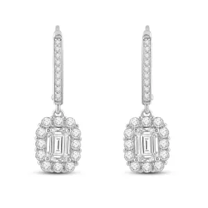 Everyday Elegance 14K Solid White Gold Leverback Earrings Emerald "Halo" Cubic Zirconia Drop Dangle Basket Setting 3.0 CTW With Gift Box