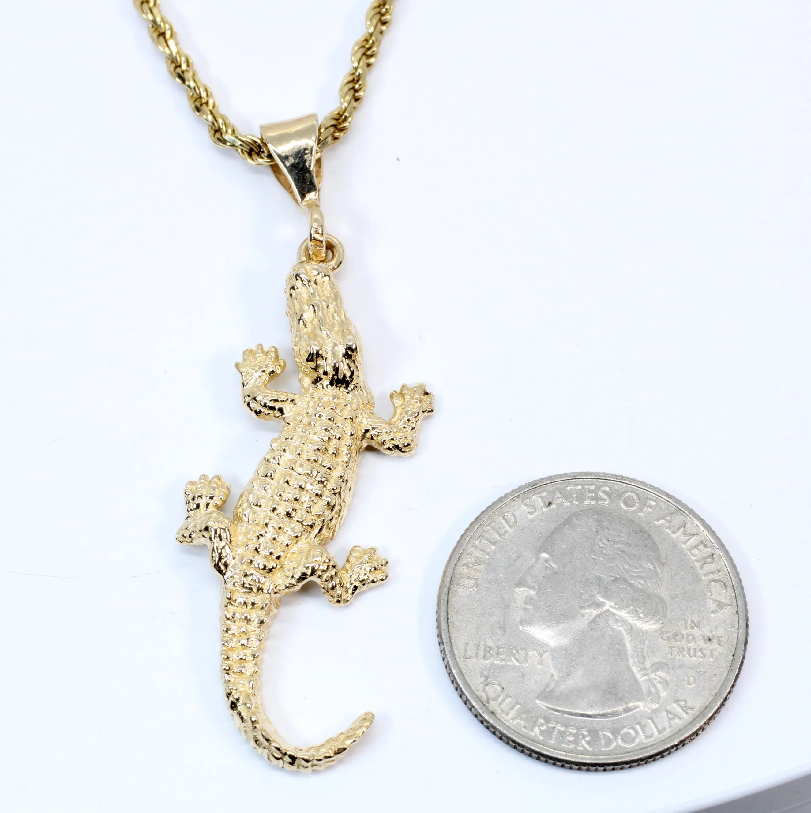 Extra Large Gold Alligator Necklace in 14kt Gold with Rope Chain