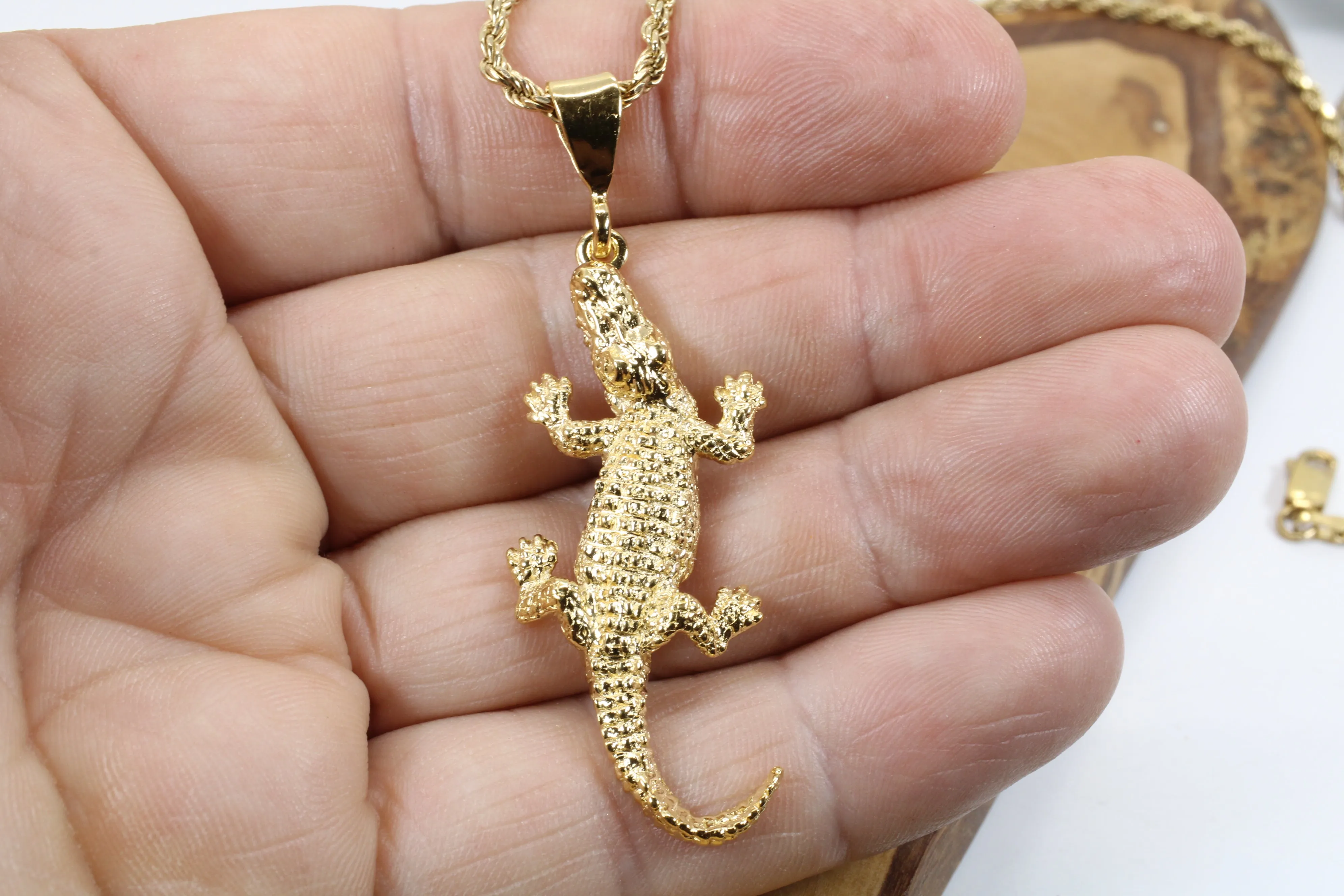 Extra Large Size 14kt Gold Vermeil Alligator Necklace on Cuban or Rope Chain
