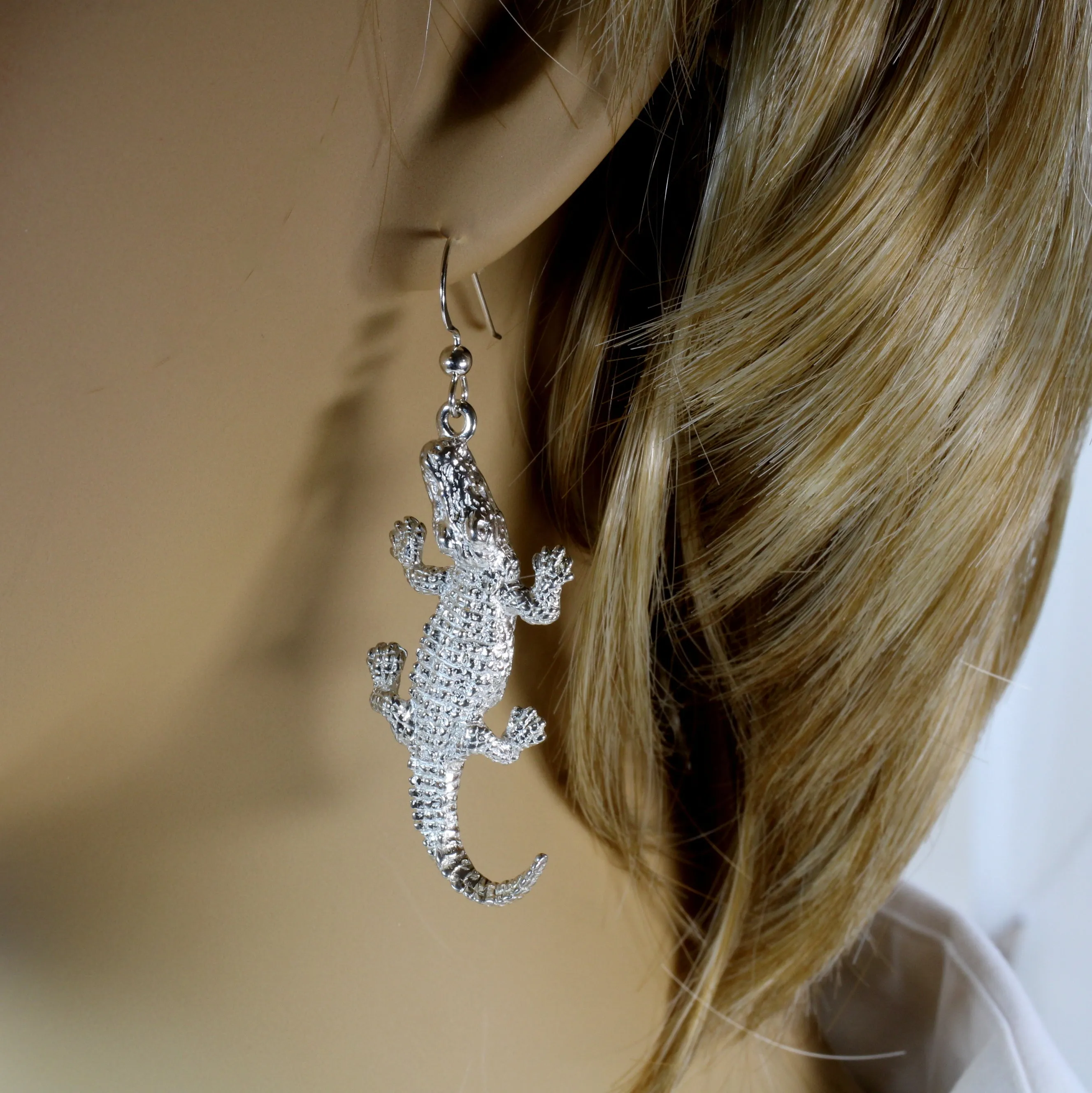 Extra Large Size Alligator Dangle Earrings in 925 Sterling Silver