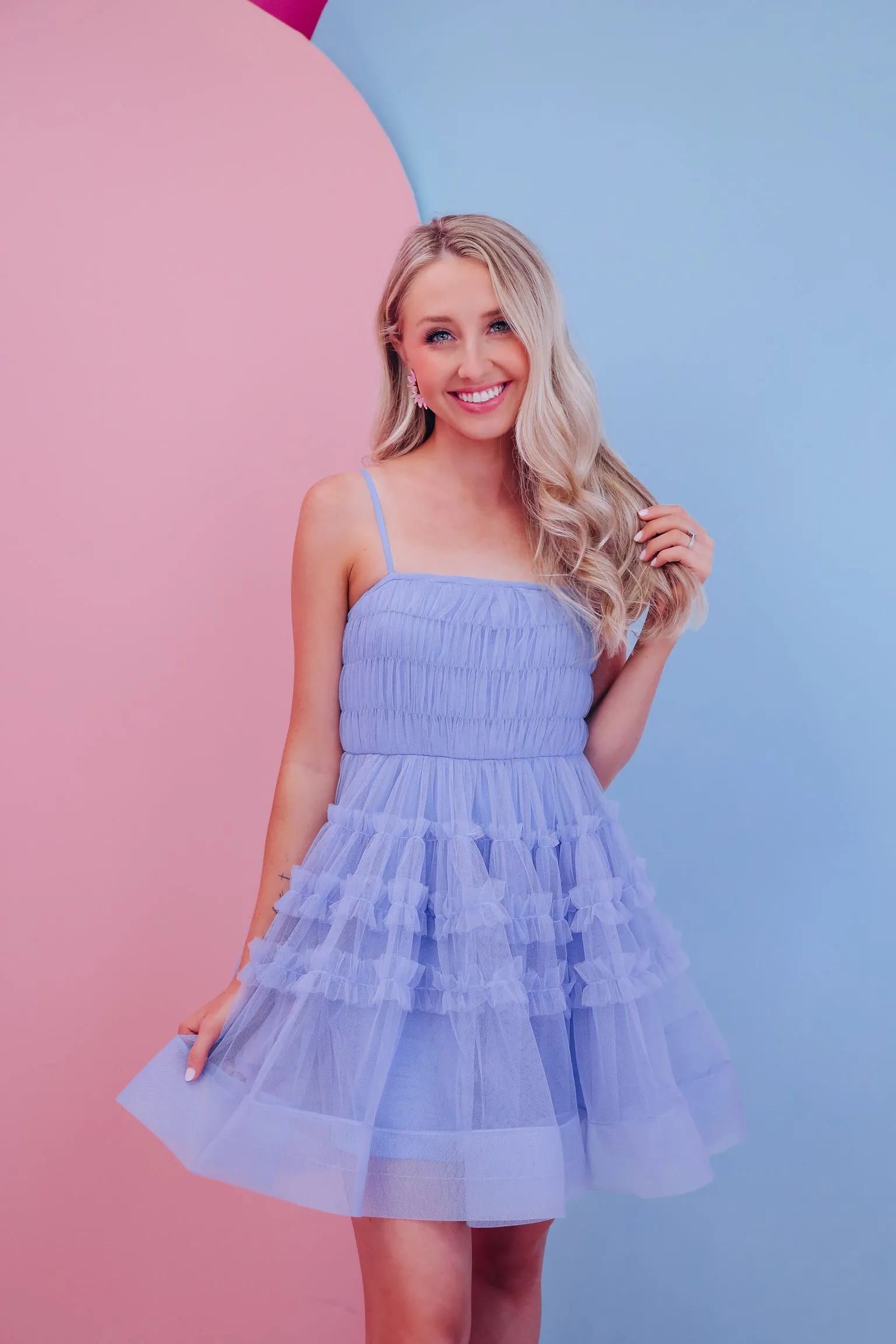 Fancy Frills Mesh Mini Dress - Light Blue