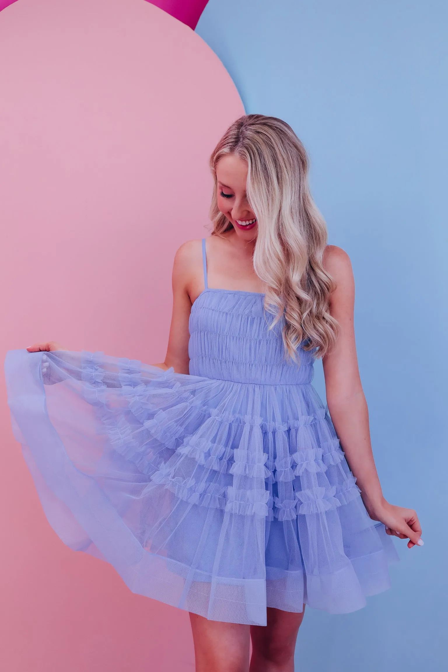 Fancy Frills Mesh Mini Dress - Light Blue