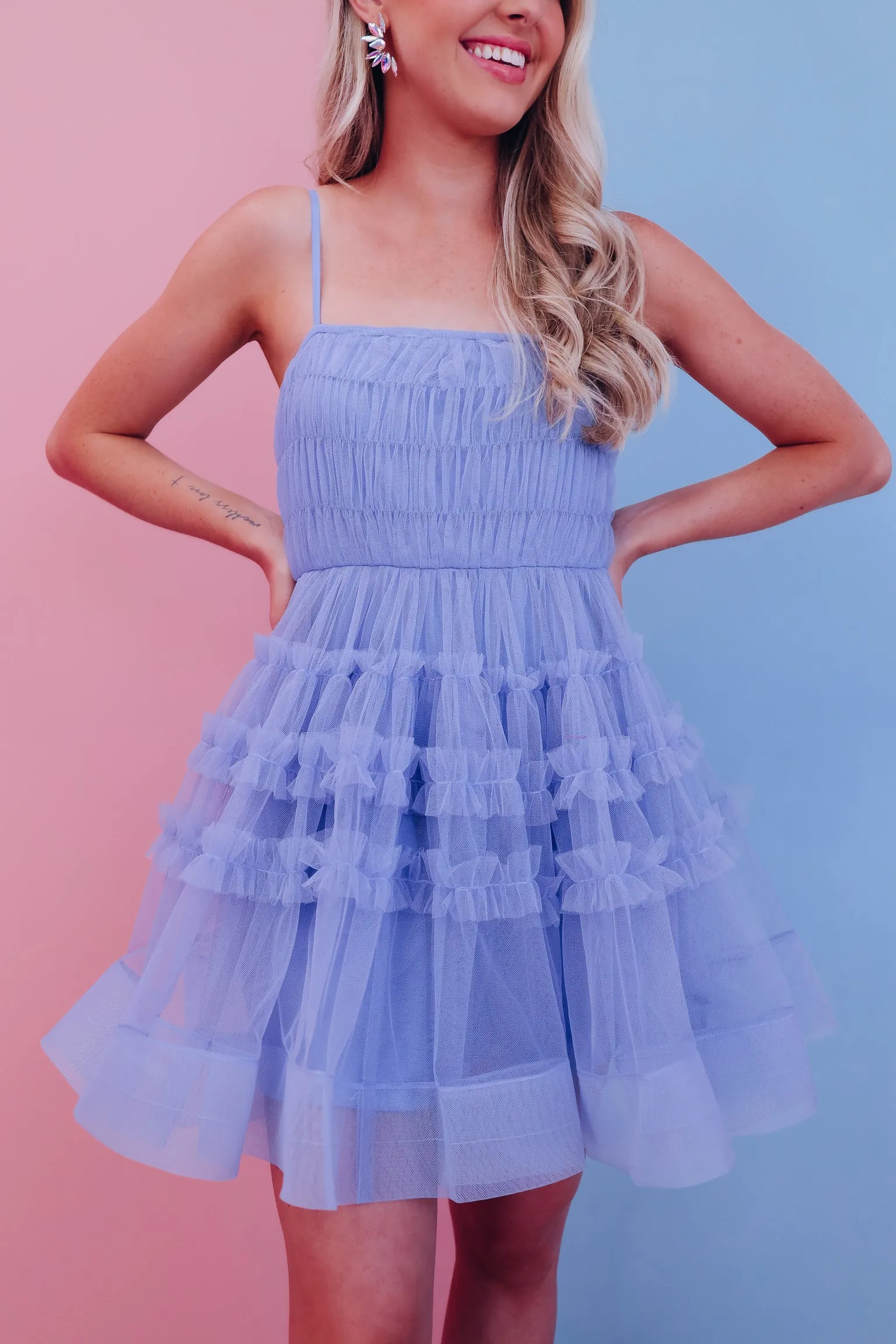 Fancy Frills Mesh Mini Dress - Light Blue