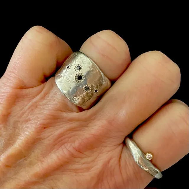 Five Elements Silver Ring with Black Diamonds