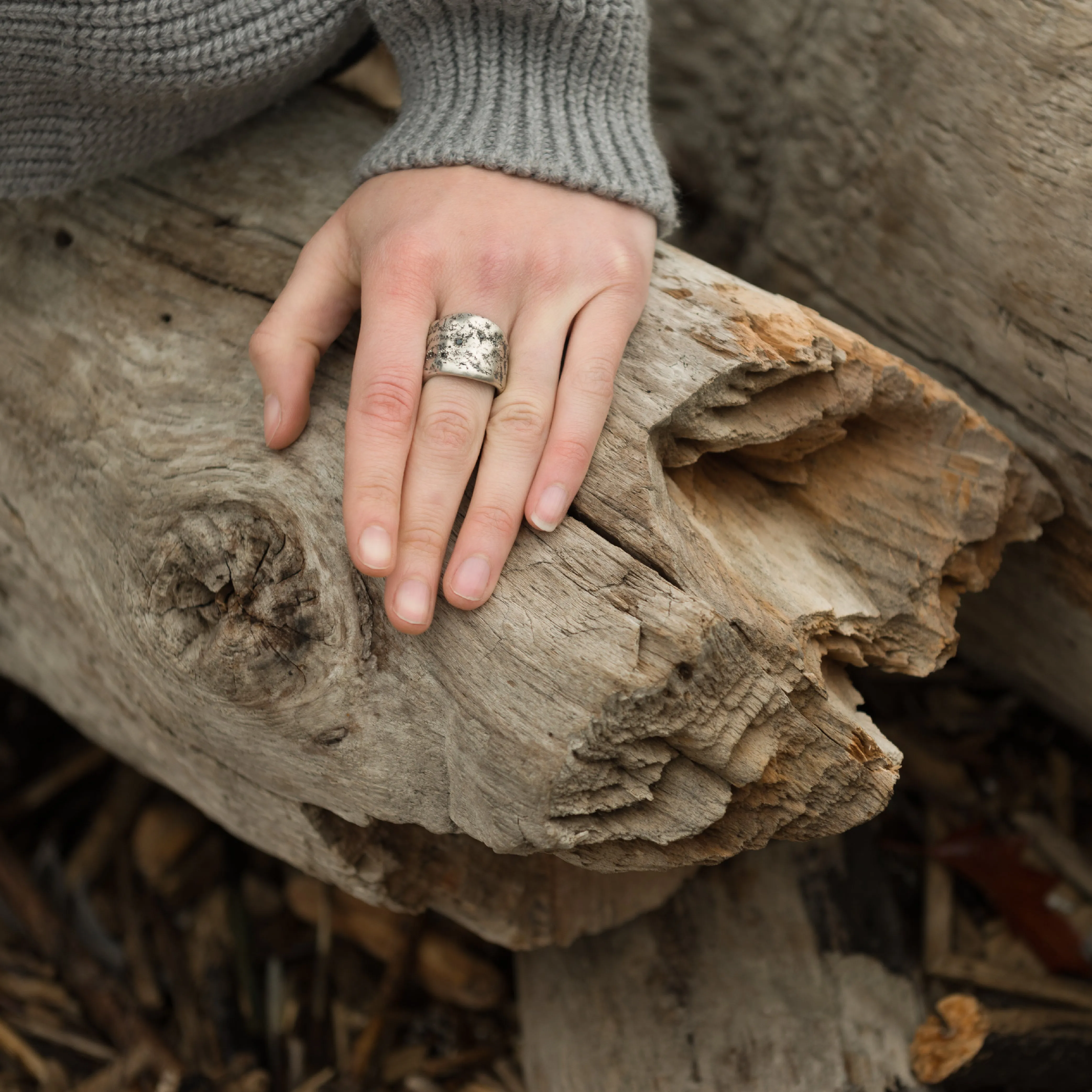 Five Elements Silver Ring with Black Diamonds