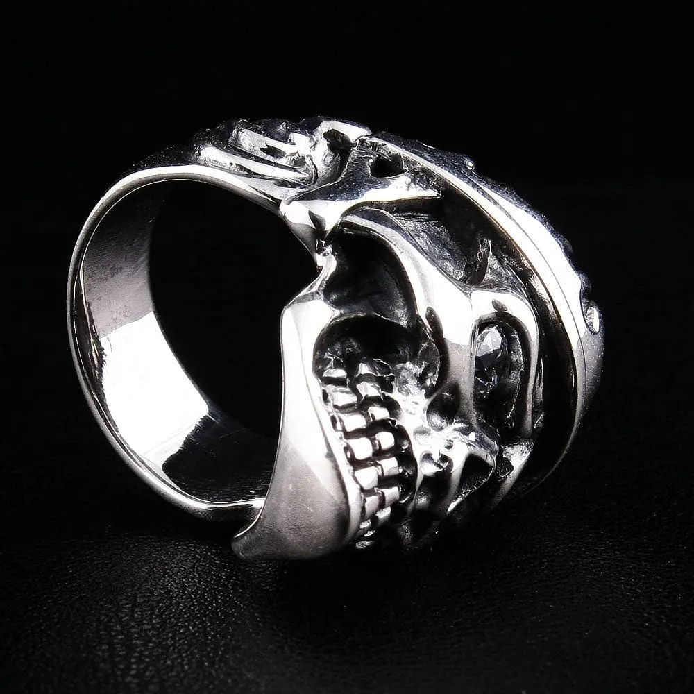 Flame Biker Skull Sterling Silver Ring