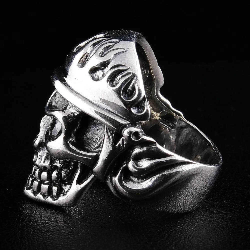 Flame Biker Skull Sterling Silver Ring
