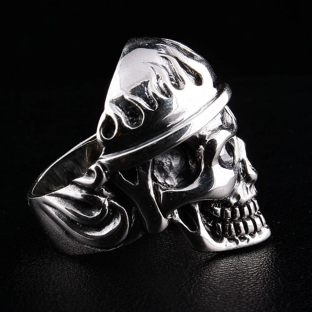 Flame Biker Skull Sterling Silver Ring