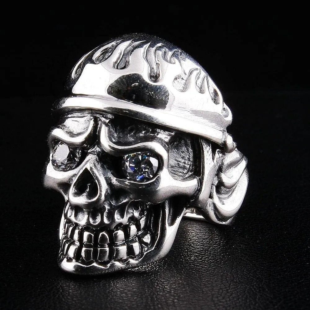 Flame Biker Skull Sterling Silver Ring