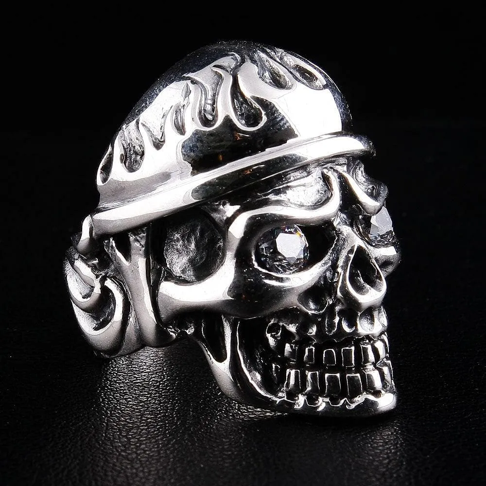 Flame Biker Skull Sterling Silver Ring