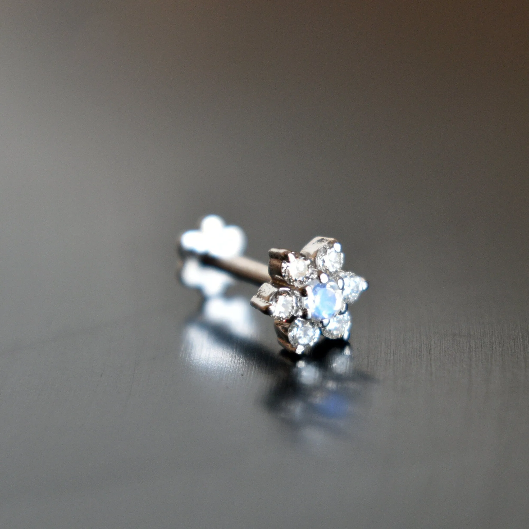Floral Moonstone and Diamond Cluster Stud