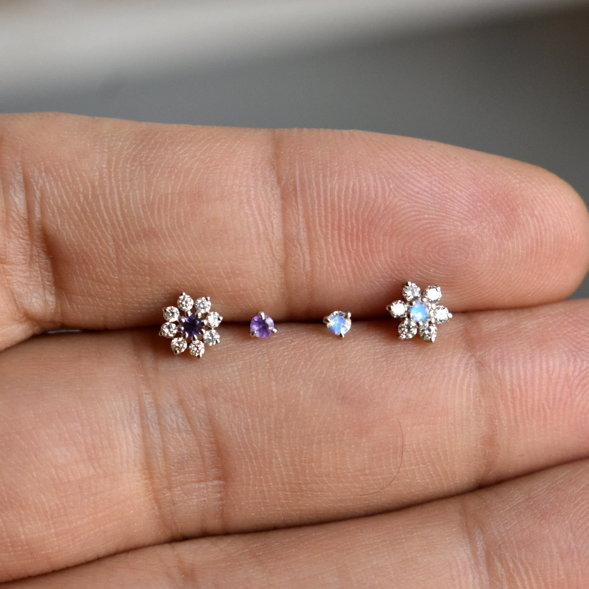 Floral Moonstone and Diamond Cluster Stud