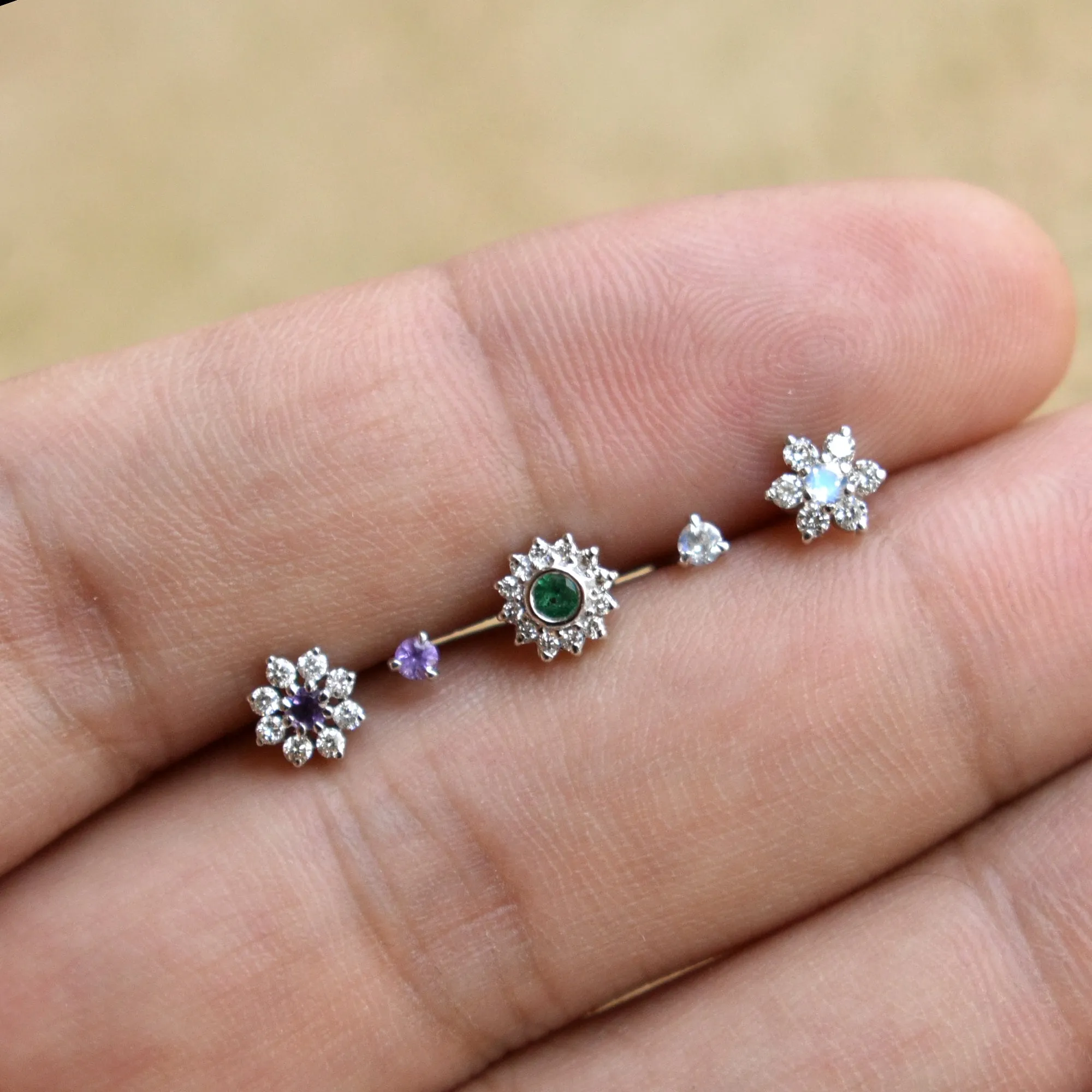 Floral Moonstone and Diamond Cluster Stud