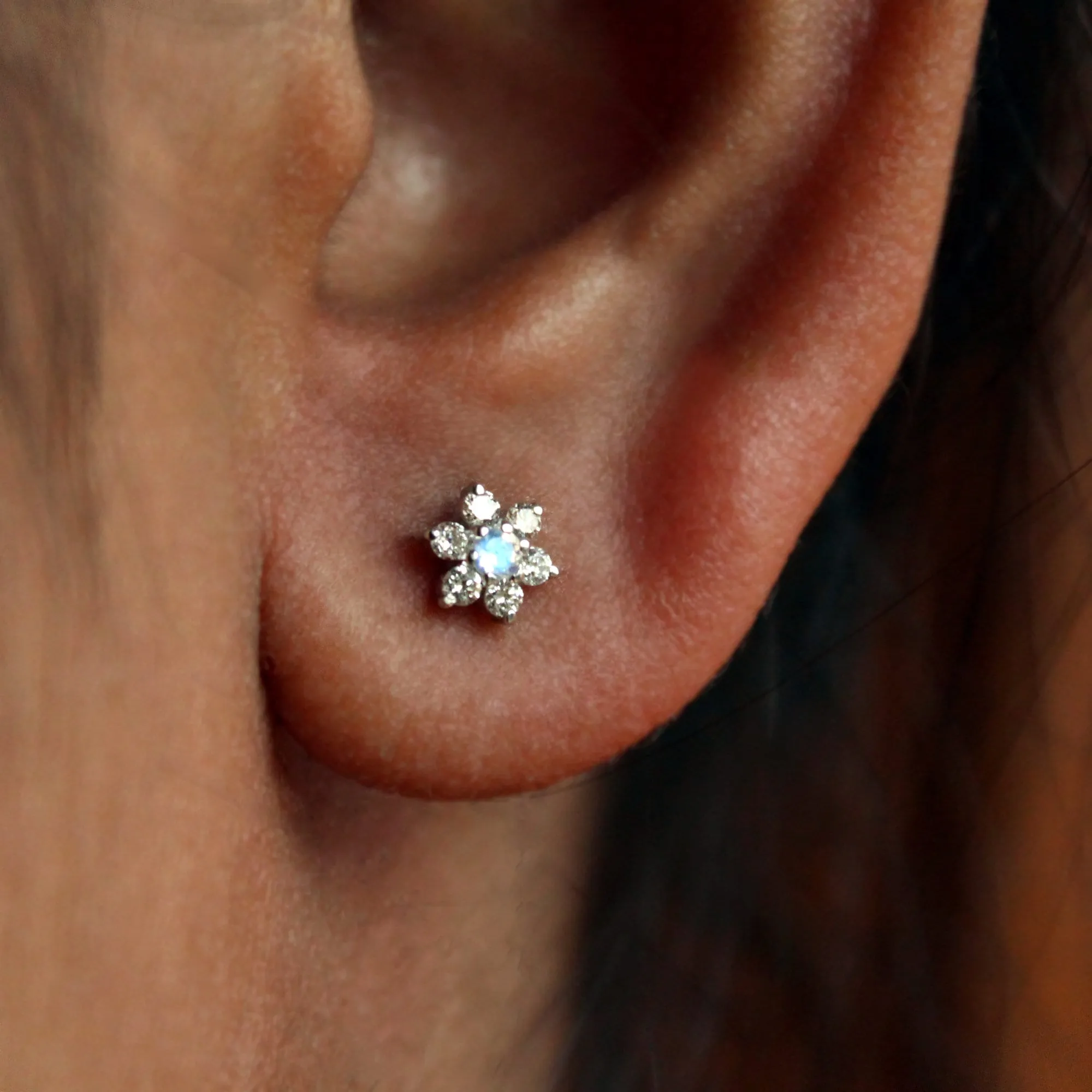 Floral Moonstone and Diamond Cluster Stud