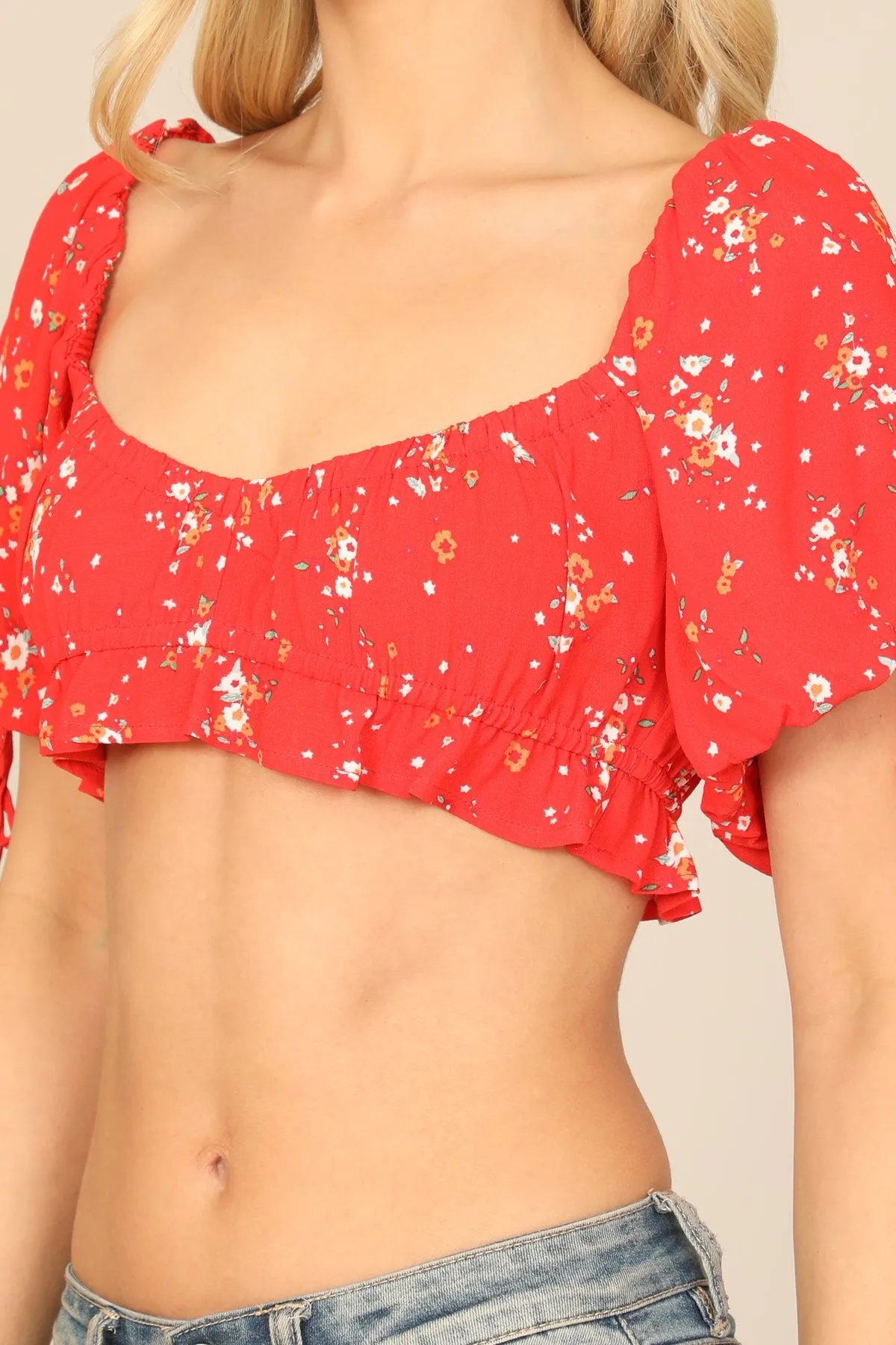 FLORAL PUFF SLEEVE FLORAL RUFFLE CROP TOP