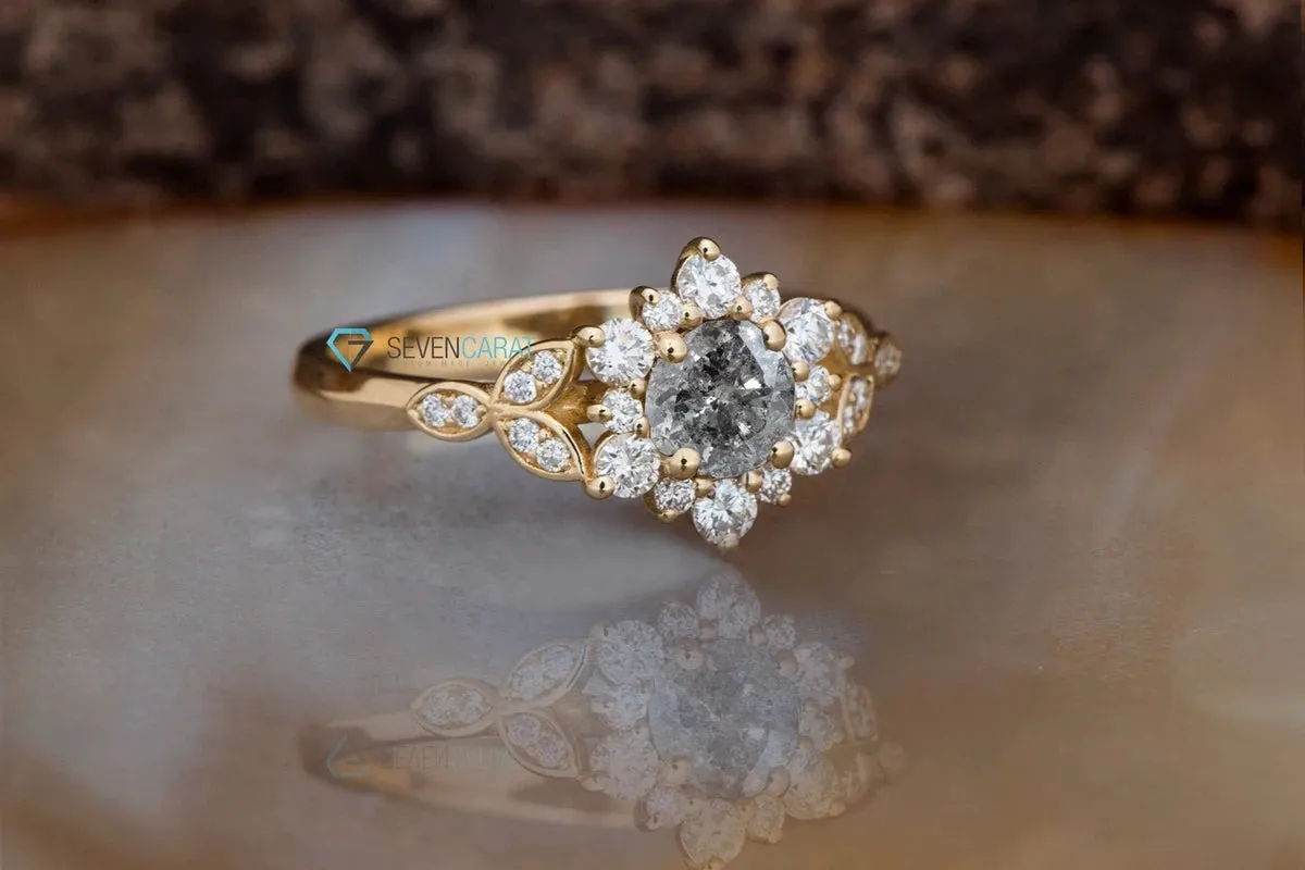 Flower 1 ct Salt and Pepper grey diamond engagement ring - 14k 18K Yellow Gold