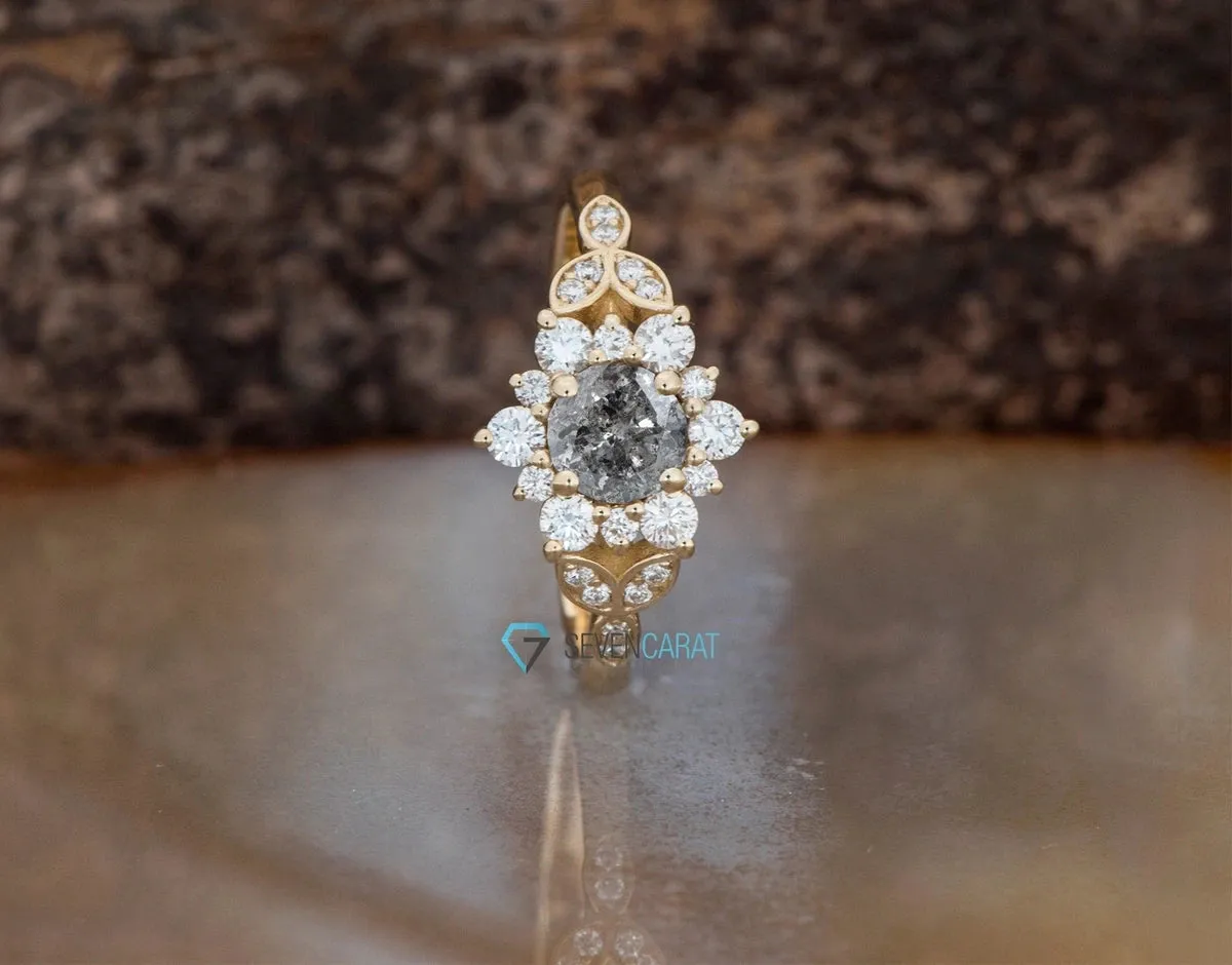 Flower 1 ct Salt and Pepper grey diamond engagement ring - 14k 18K Yellow Gold