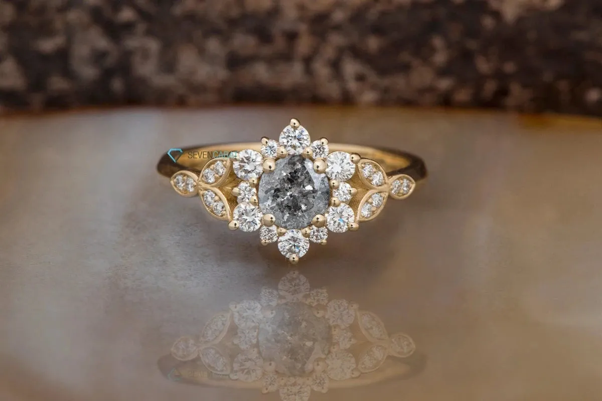 Flower 1 ct Salt and Pepper grey diamond engagement ring - 14k 18K Yellow Gold