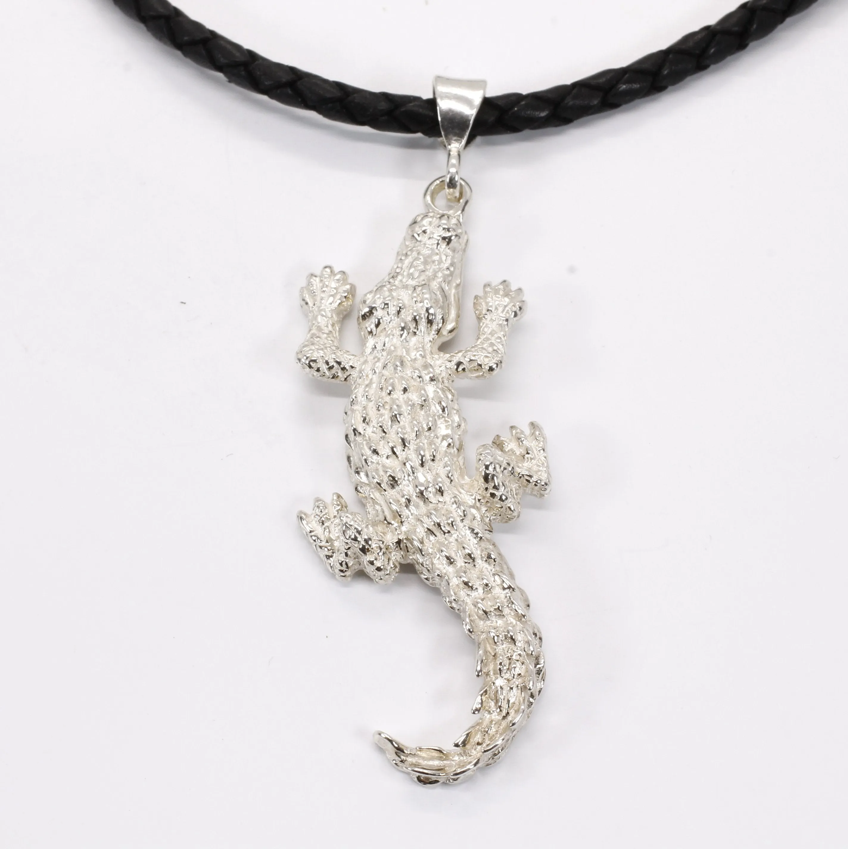 Giant Size Alligator Necklace on leather cord in 925 Sterling Silver for man or woman