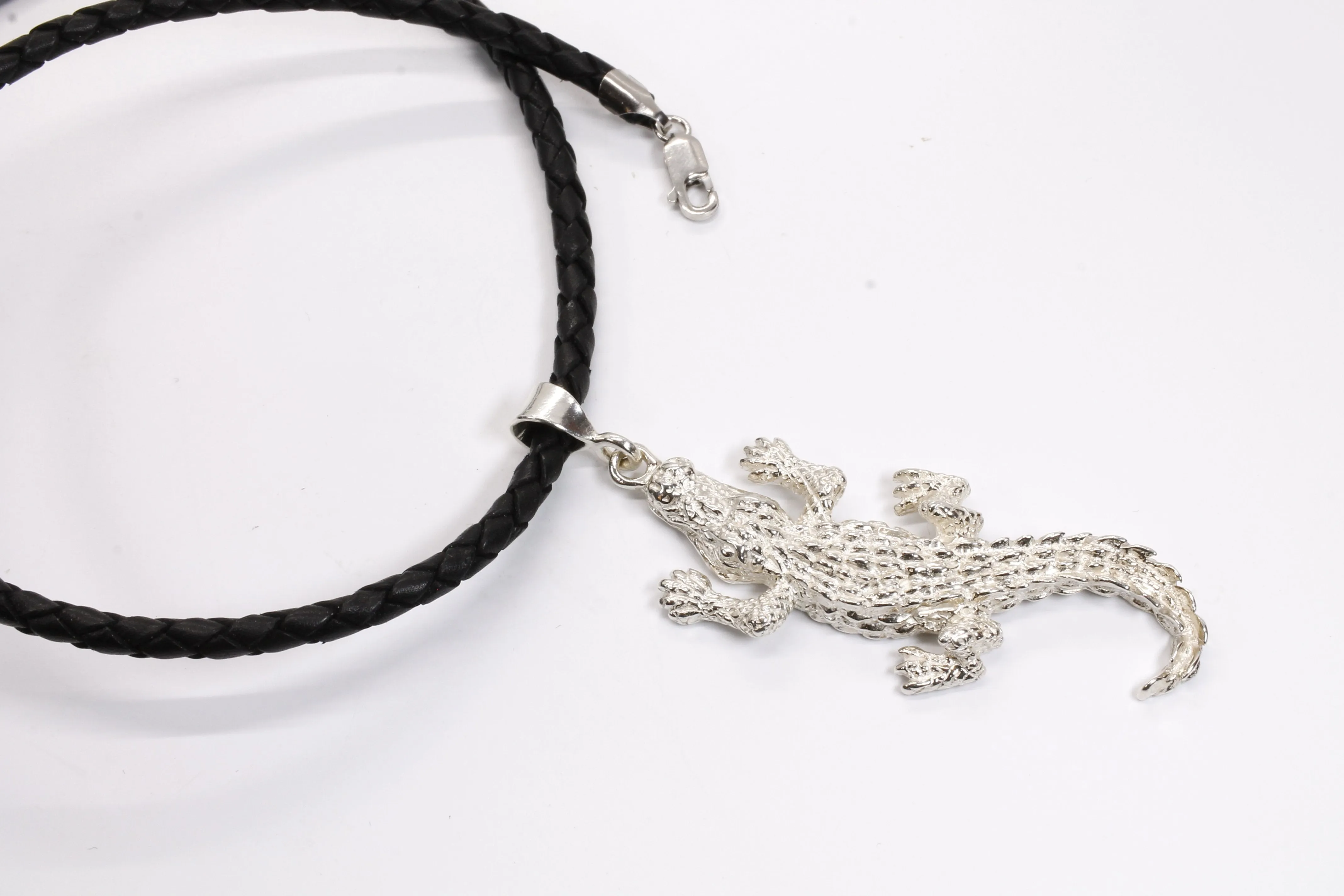 Giant Size Alligator Necklace on leather cord in 925 Sterling Silver for man or woman