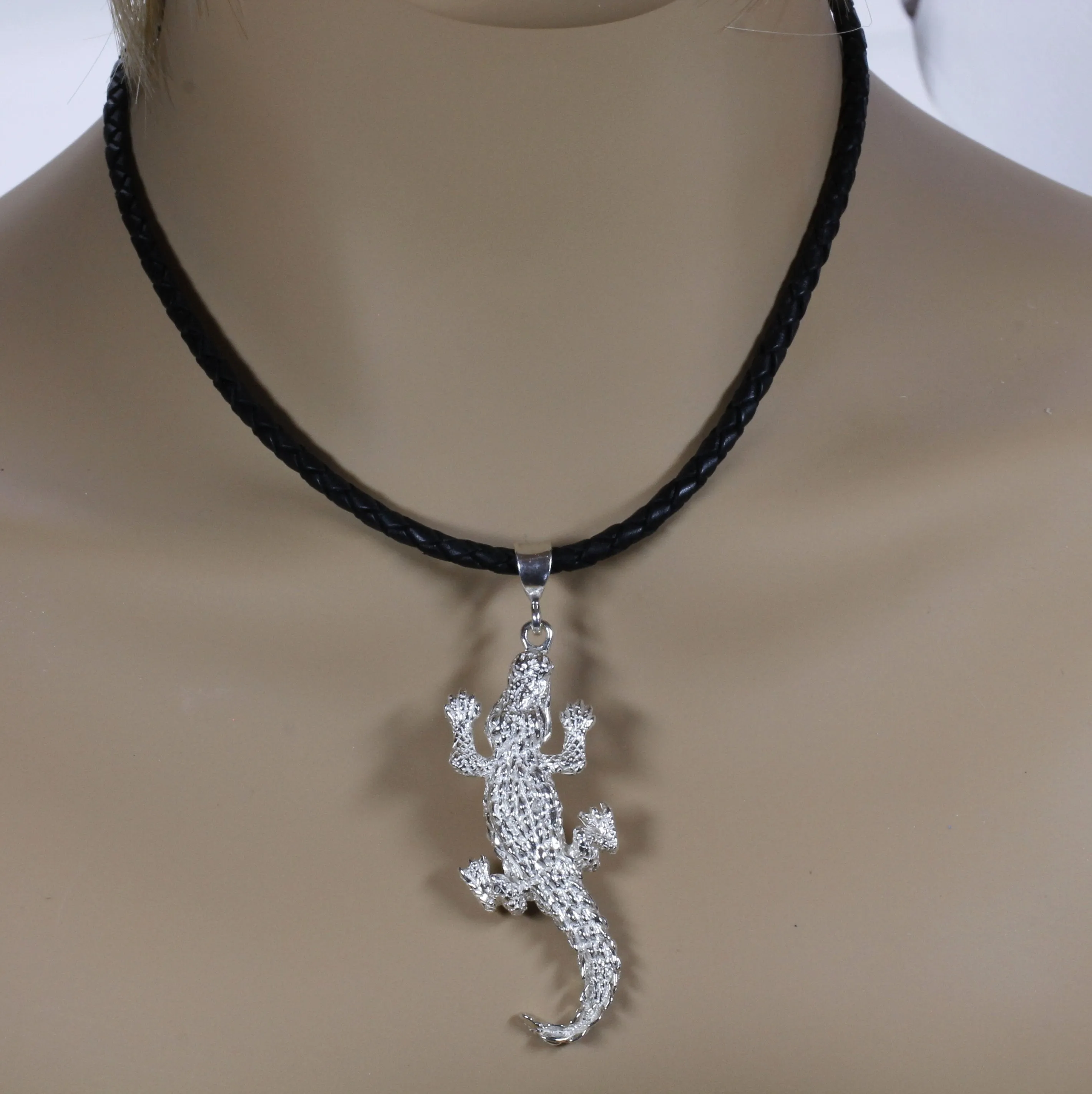 Giant Size Alligator Necklace on leather cord in 925 Sterling Silver for man or woman