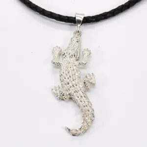 Giant Size Alligator Necklace on leather cord in 925 Sterling Silver for man or woman