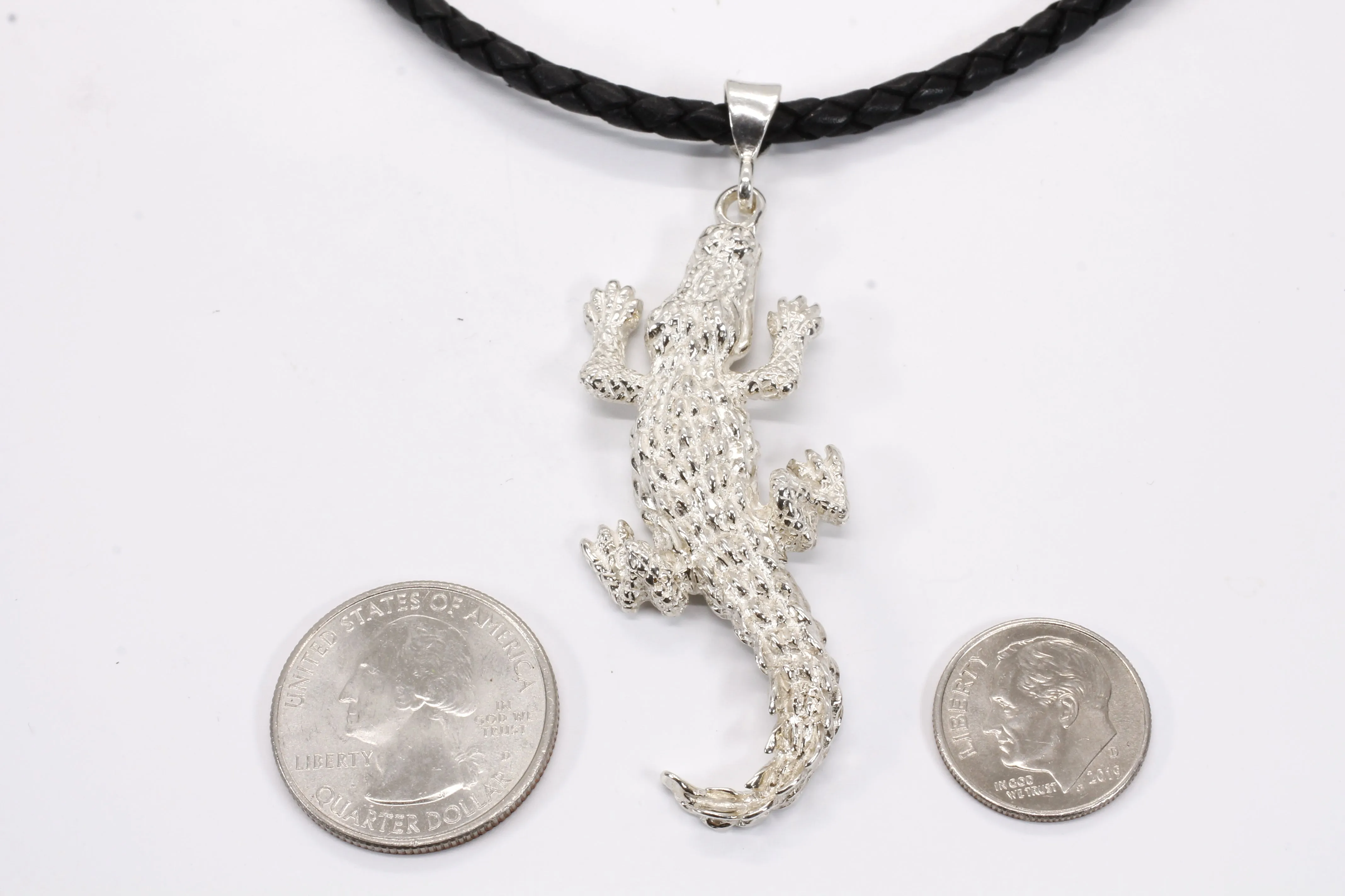 Giant Size Alligator Necklace on leather cord in 925 Sterling Silver for man or woman