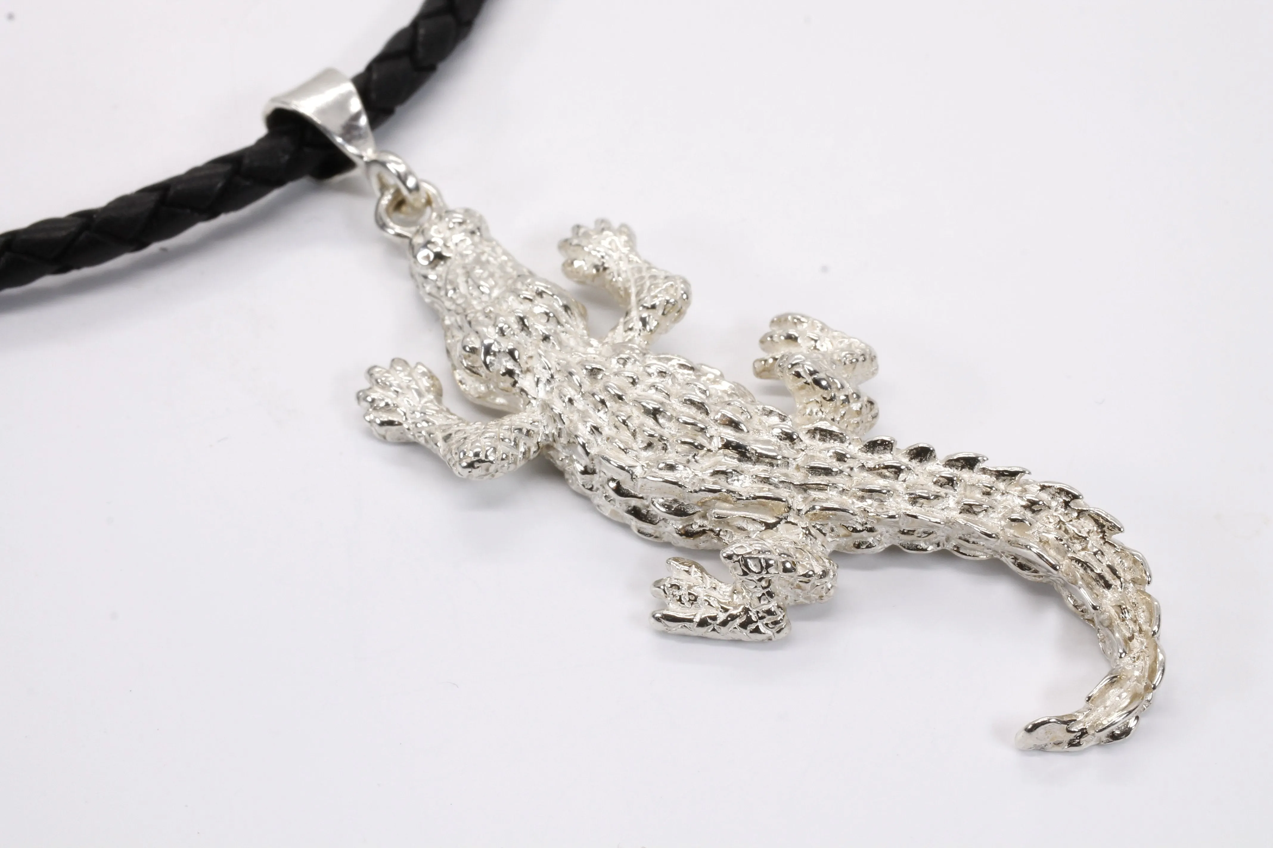 Giant Size Alligator Necklace on leather cord in 925 Sterling Silver for man or woman