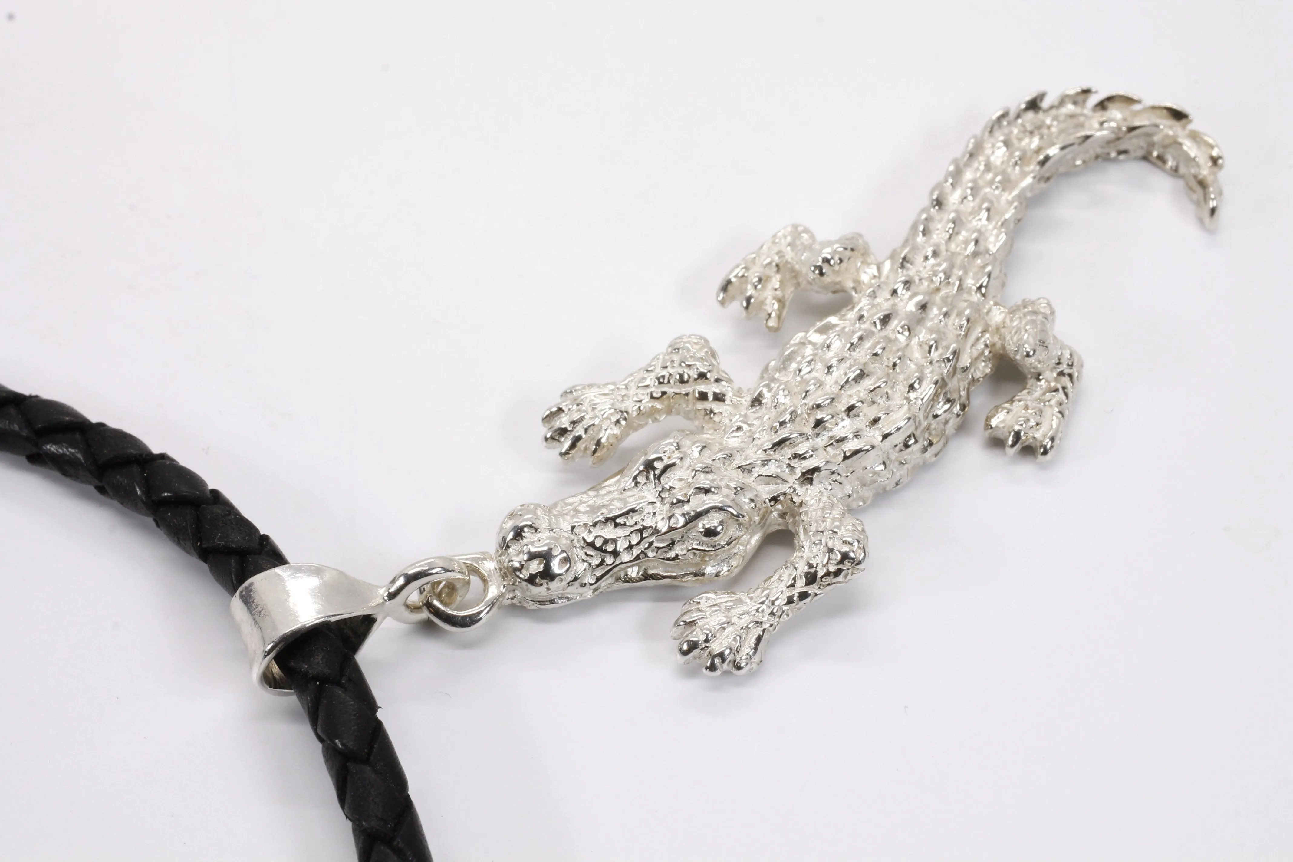 Giant Size Alligator Necklace on leather cord in 925 Sterling Silver for man or woman