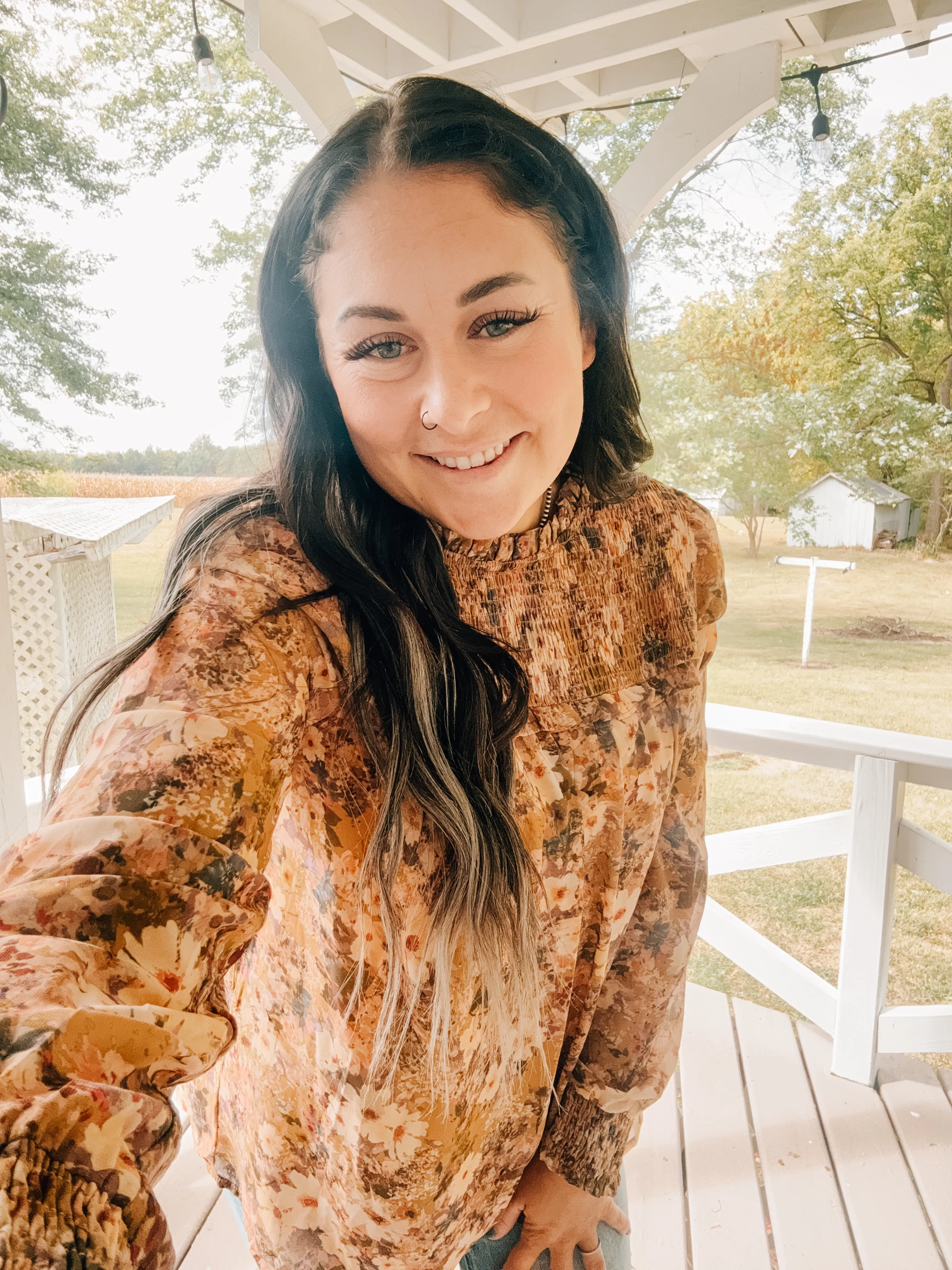 Golden Mustard Smocked Yoke Floral Blouse