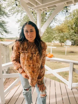 Golden Mustard Smocked Yoke Floral Blouse