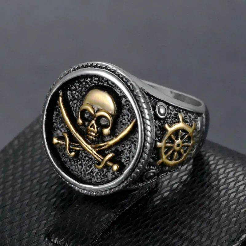 Gothic Ring Pirate Signet Double Knife Skull Ring