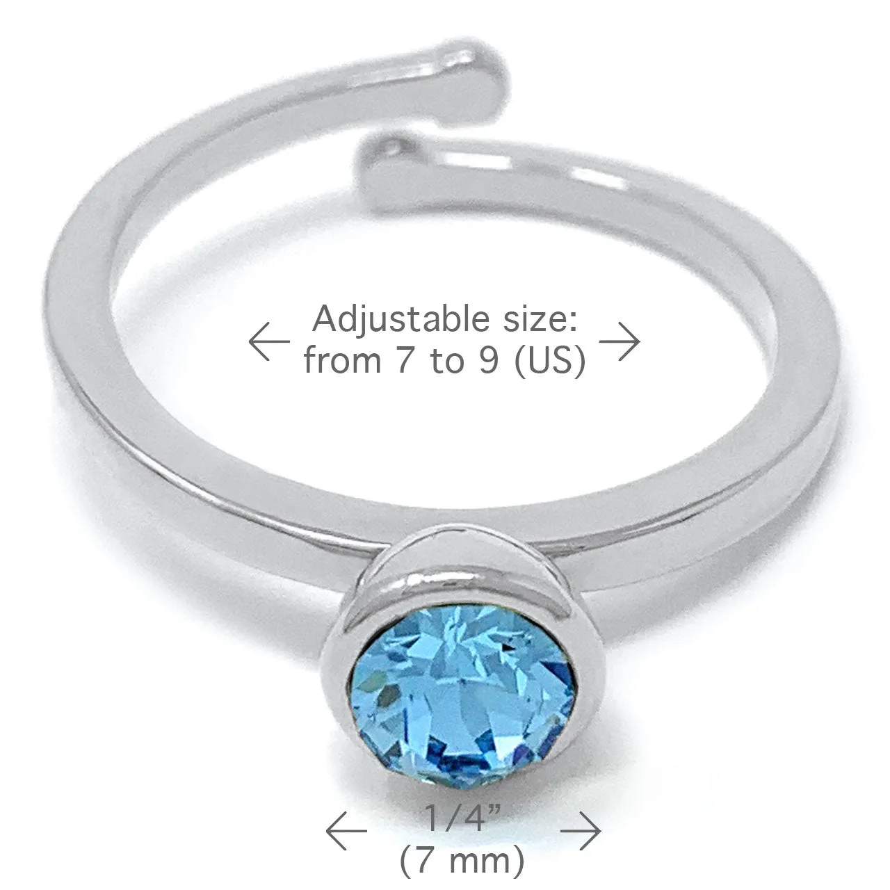 Harley Adjustable Ring with Blue Aquamarine Round Crystals from Swarovski Silver Toned Rhodium Plated