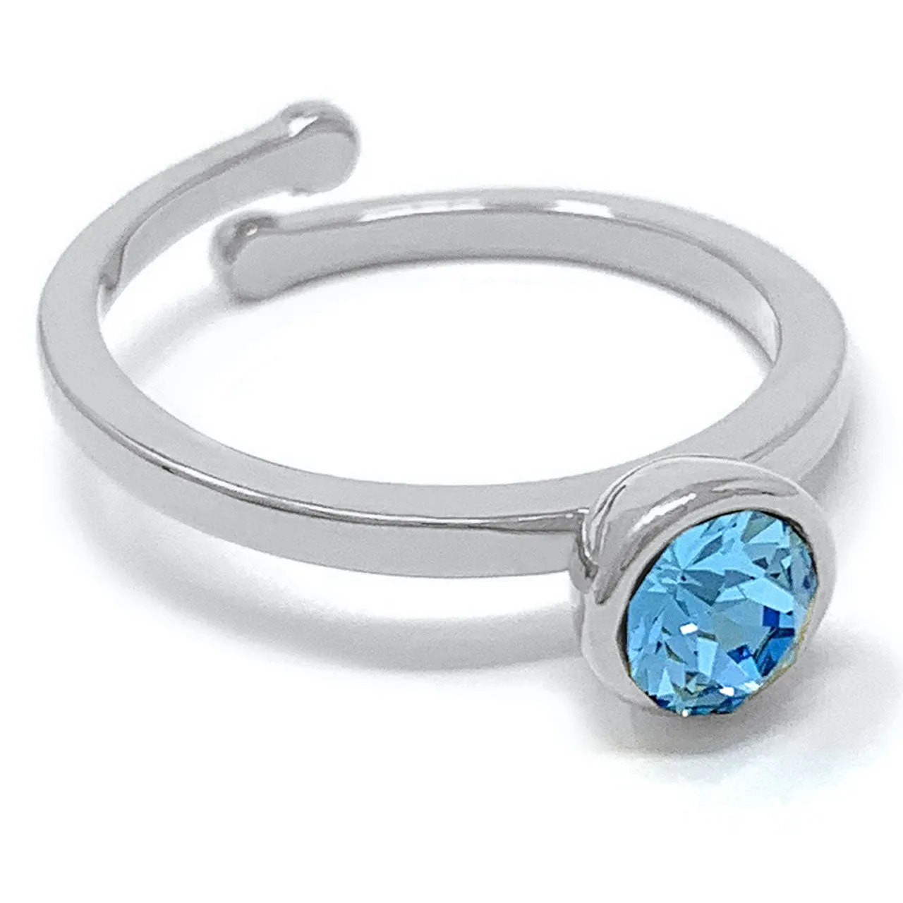 Harley Adjustable Ring with Blue Aquamarine Round Crystals from Swarovski Silver Toned Rhodium Plated