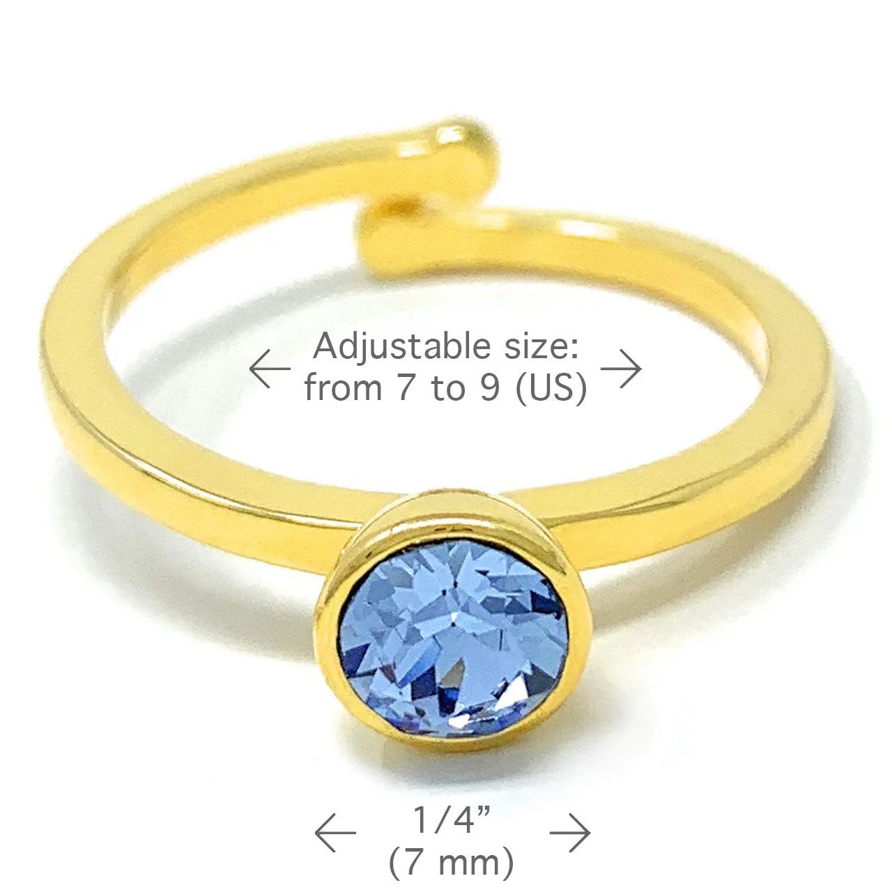 Harley Adjustable Ring with Blue Light Sapphire Round Crystals from Swarovski Gold Plated